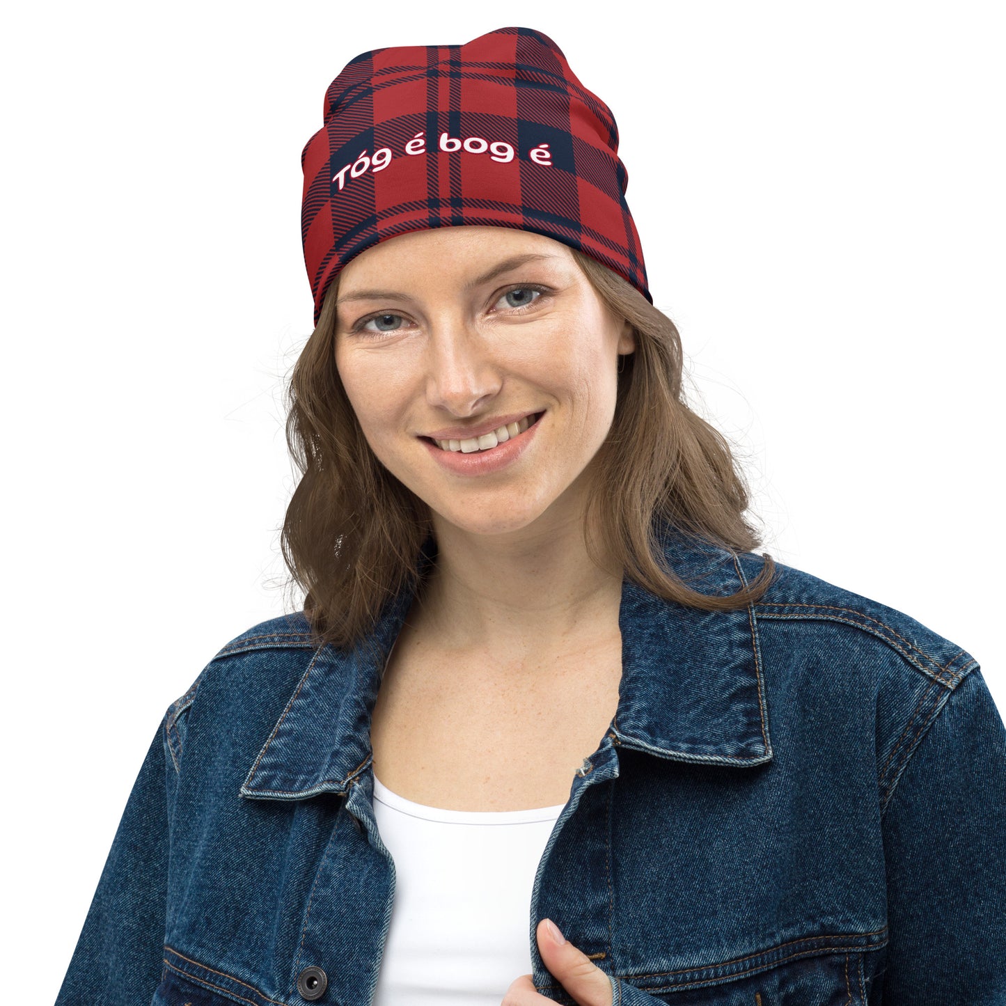 Tóg é bog é (Take it easy) Irish Language Red Tartan Beanie