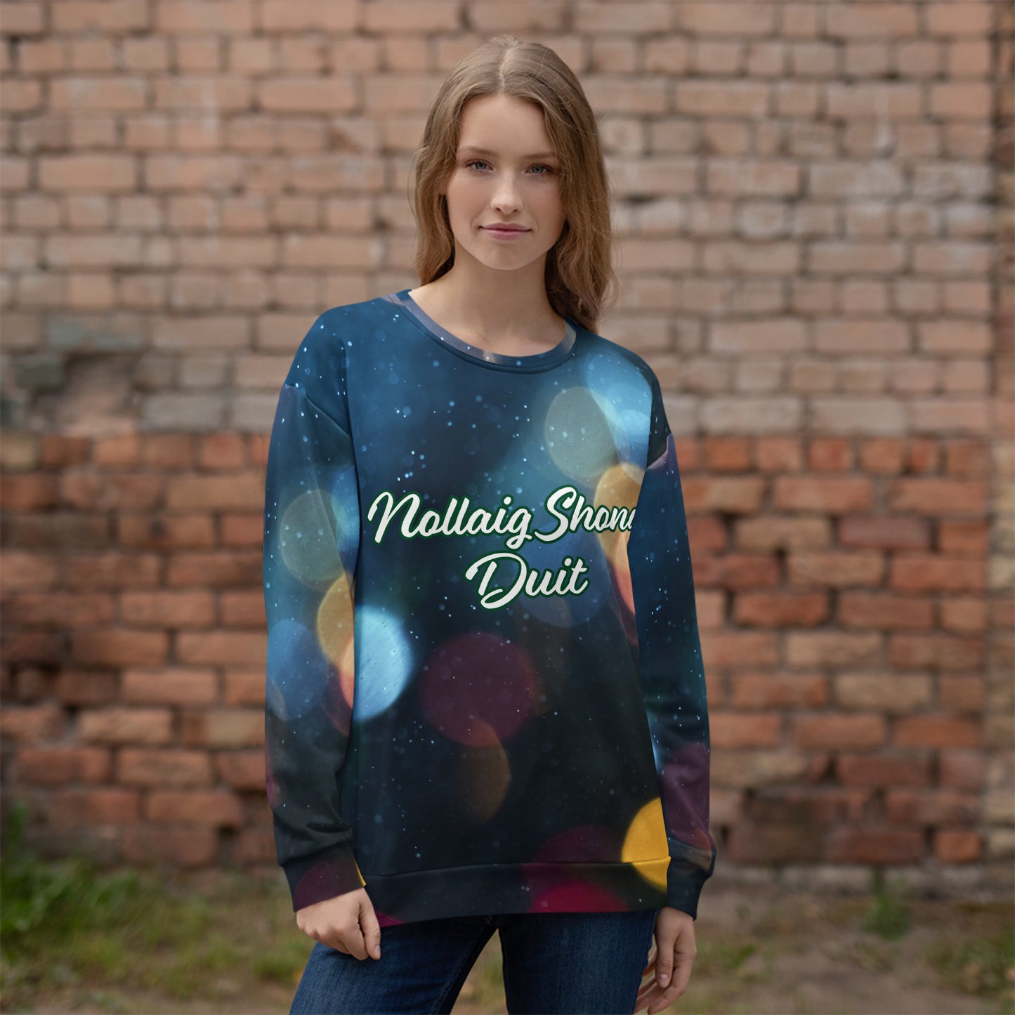 Nollaig Shona Duit (Happy Christmas) Irish Language Recycled Unisex Sweatshirt Coloured Lights Design