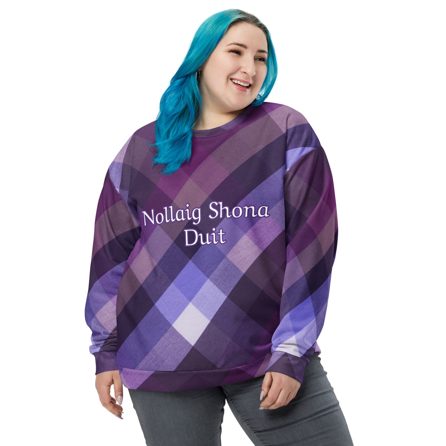 Nollaig Shona Duit (Happy Christmas) Irish Language Unisex Sweatshirt Purple Tartan Design