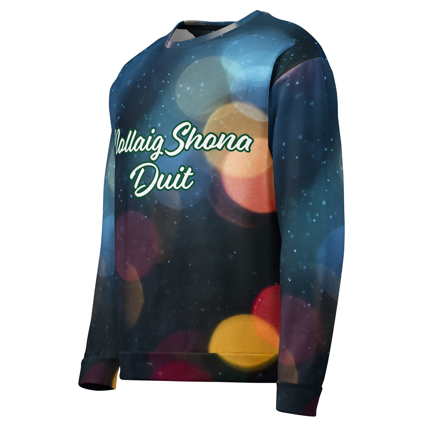 Nollaig Shona Duit (Happy Christmas) Irish Language Recycled Unisex Sweatshirt Coloured Lights Design