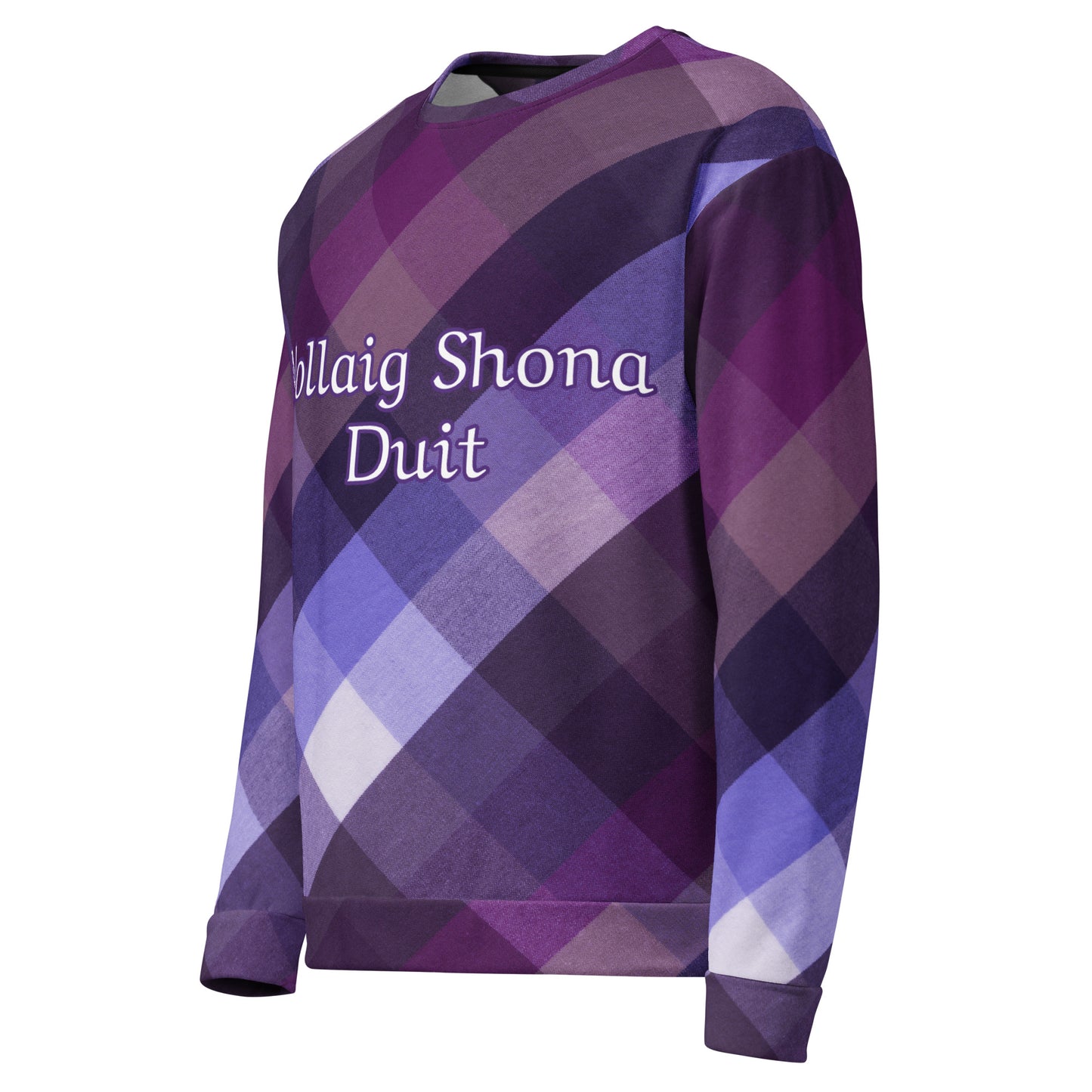 Nollaig Shona Duit (Happy Christmas) Irish Language Unisex Sweatshirt Purple Tartan Design