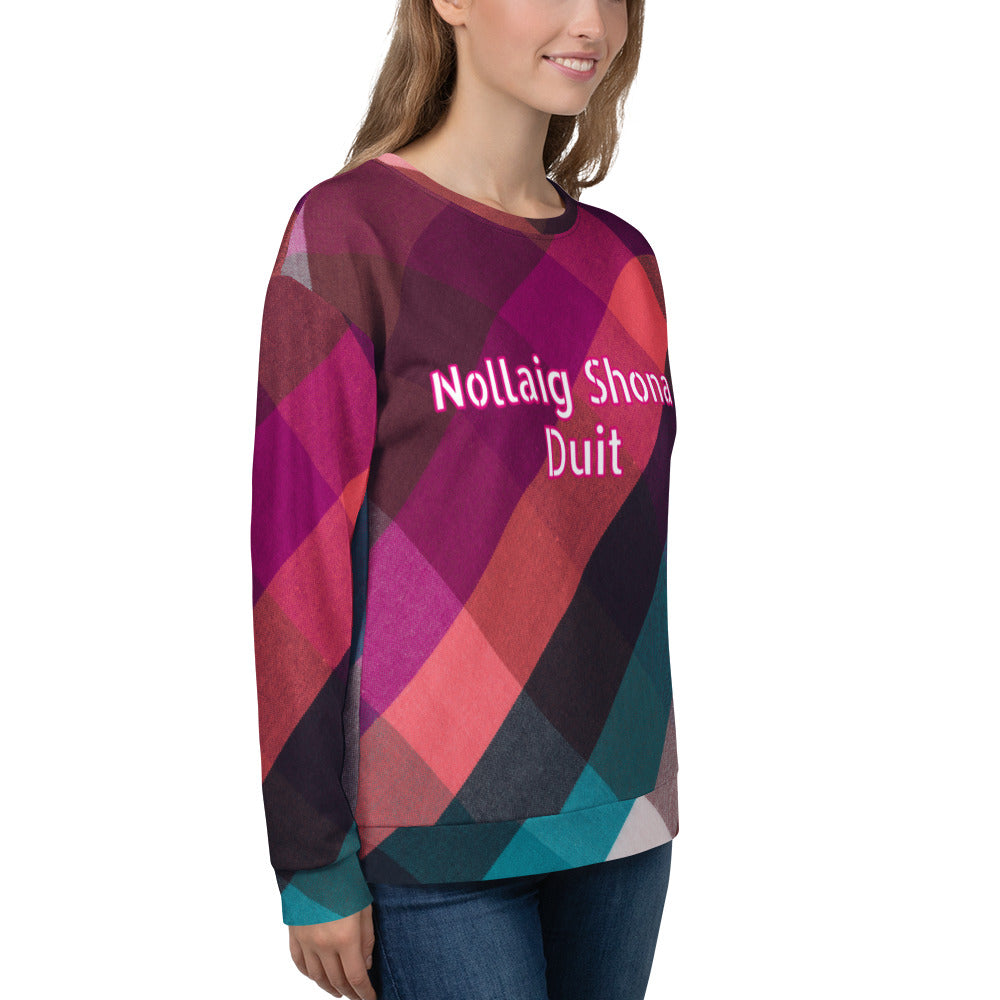 Nollaig Shona Duit (Happy Christmas) Irish Language Unisex Sweatshirt Pink Tartan Design