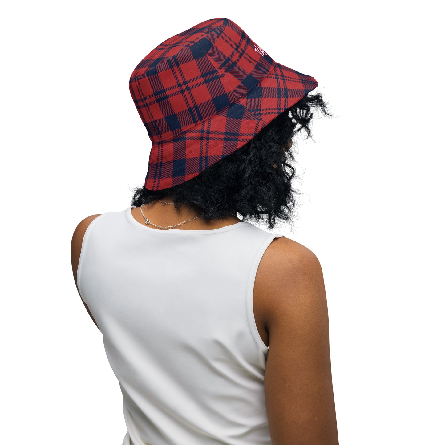 Tóg é bog é (Take it easy) Irish Language Reversible bucket hat Red/Blue Tartan