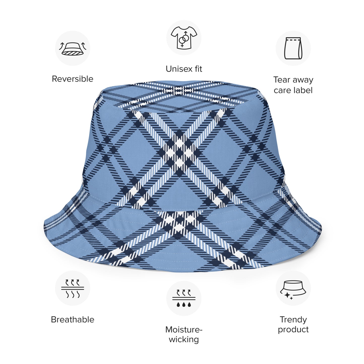 Tóg é bog é (Take it easy) Irish Language Reversible bucket hat Red/Blue Tartan