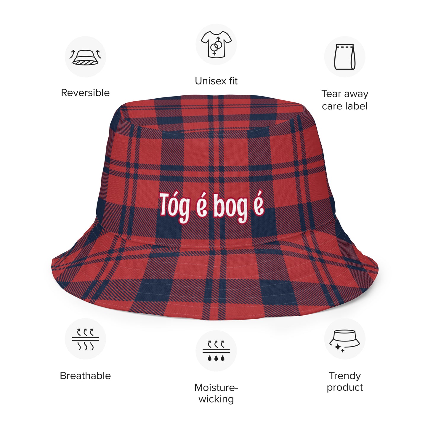 Tóg é bog é (Take it easy) Irish Language Reversible bucket hat Red/Blue Tartan