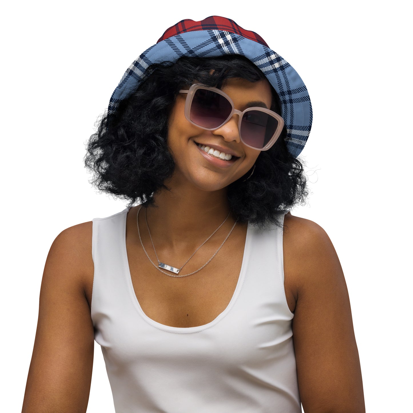 Tóg é bog é (Take it easy) Irish Language Reversible bucket hat Red/Blue Tartan