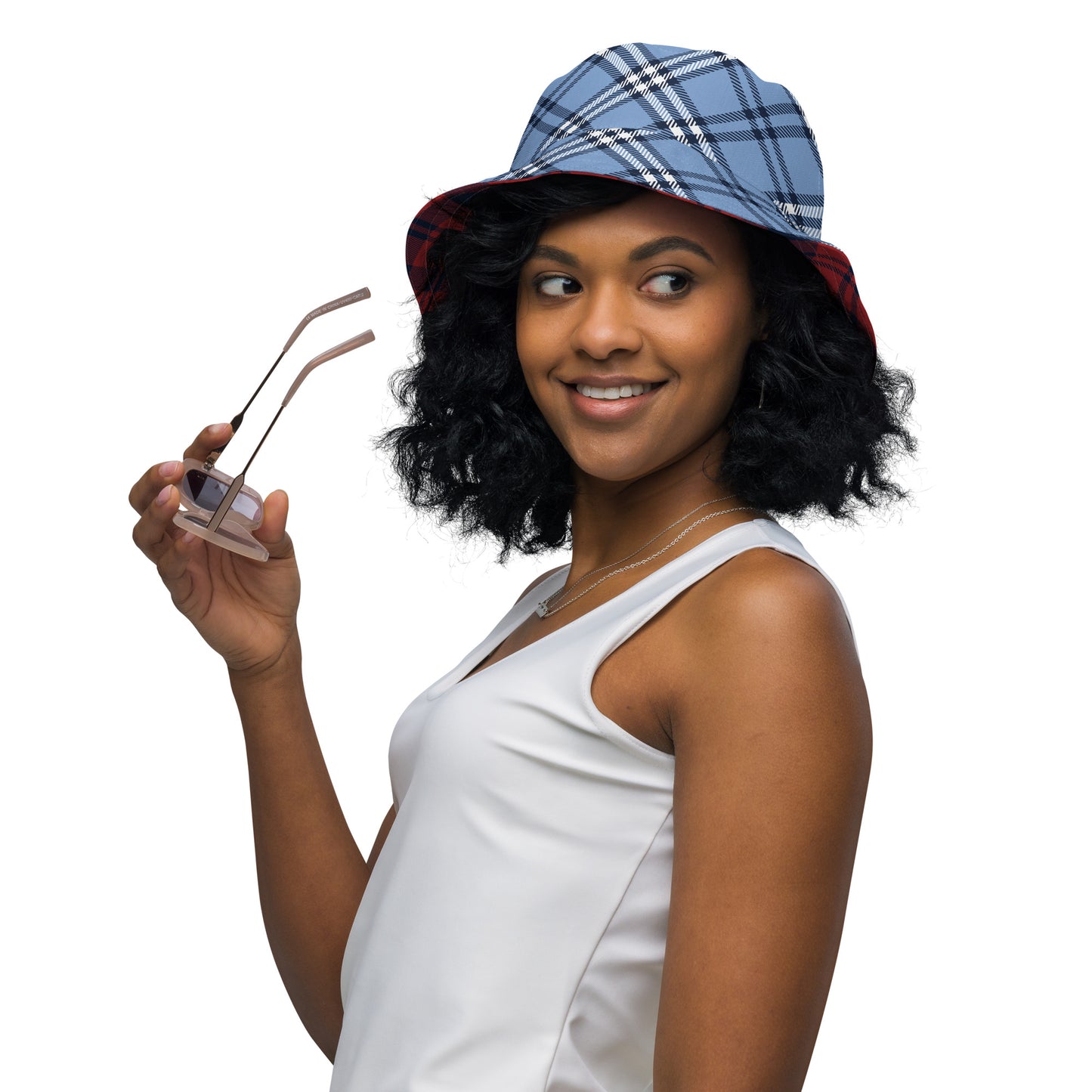 Tóg é bog é (Take it easy) Irish Language Reversible bucket hat Red/Blue Tartan