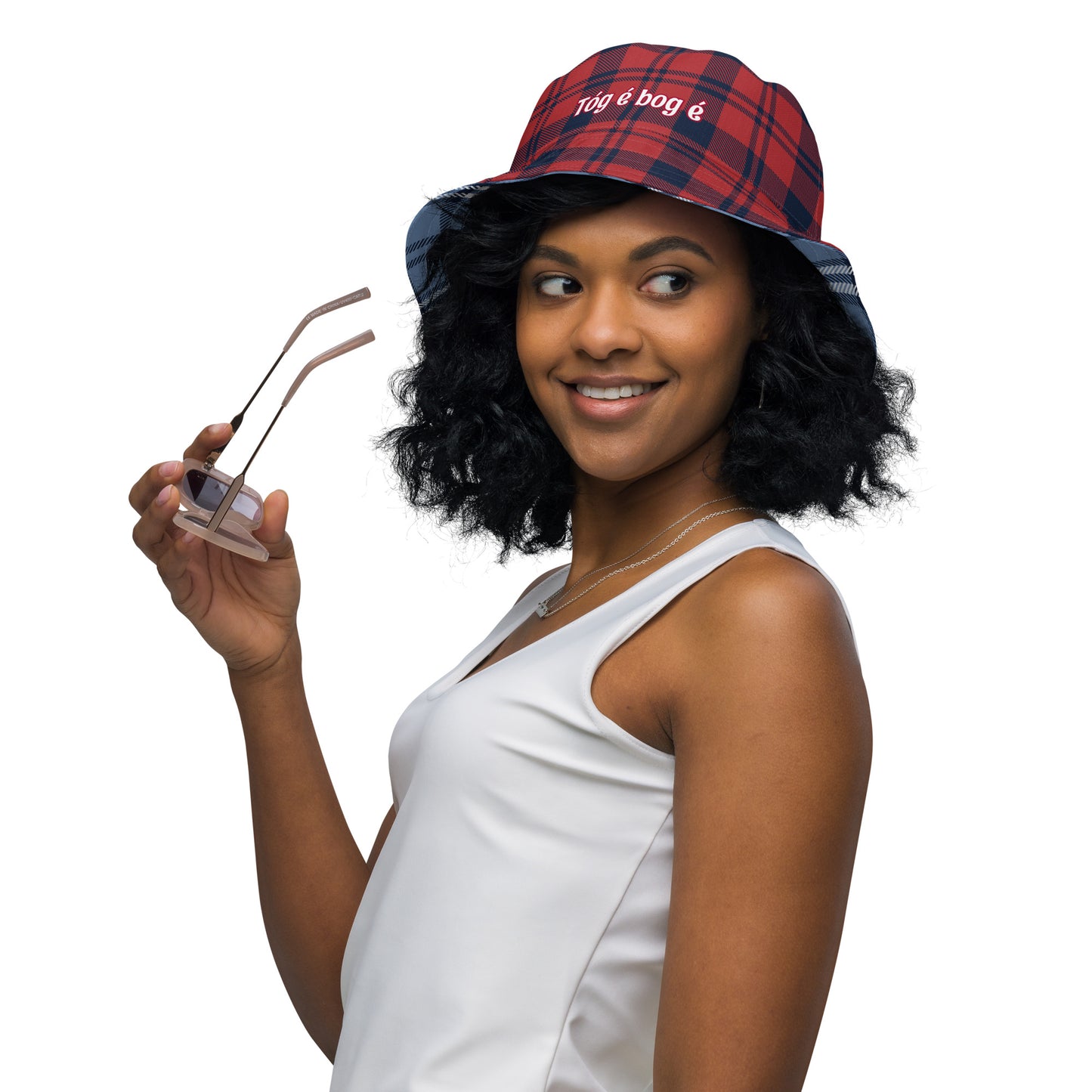 Tóg é bog é (Take it easy) Irish Language Reversible bucket hat Red/Blue Tartan