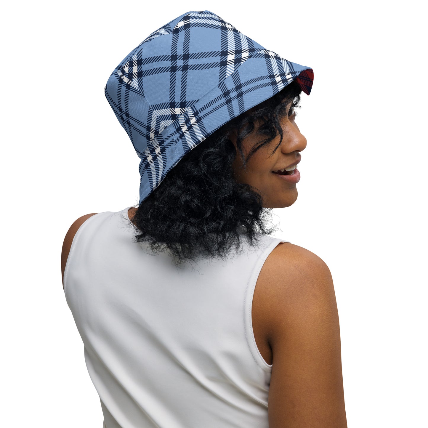 Tóg é bog é (Take it easy) Irish Language Reversible bucket hat Red/Blue Tartan
