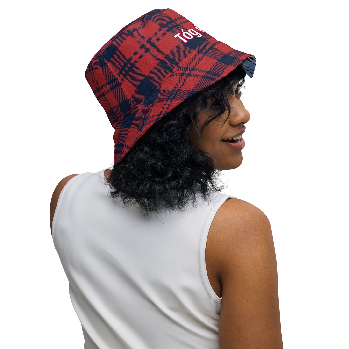 Tóg é bog é (Take it easy) Irish Language Reversible bucket hat Red/Blue Tartan