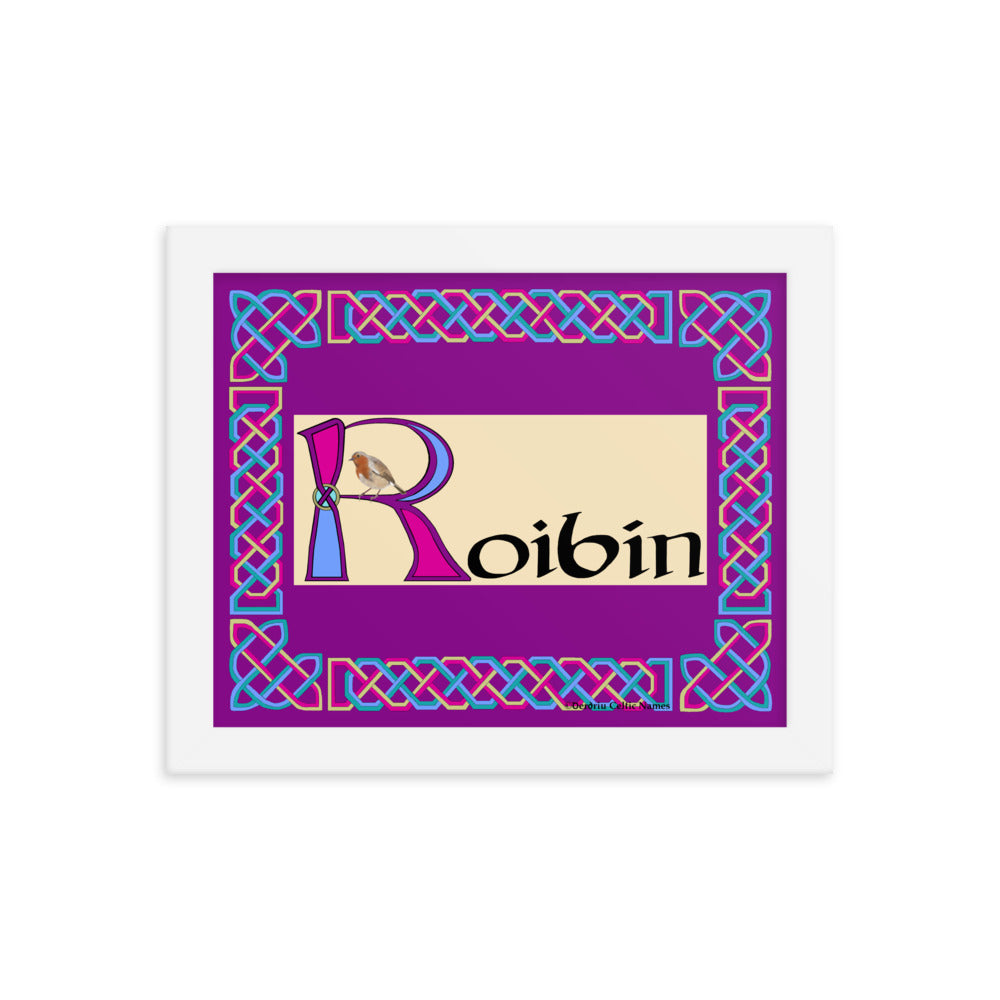 Roibín (Robin) - Personalized framed poster with Irish name Roibín (pink color scheme)