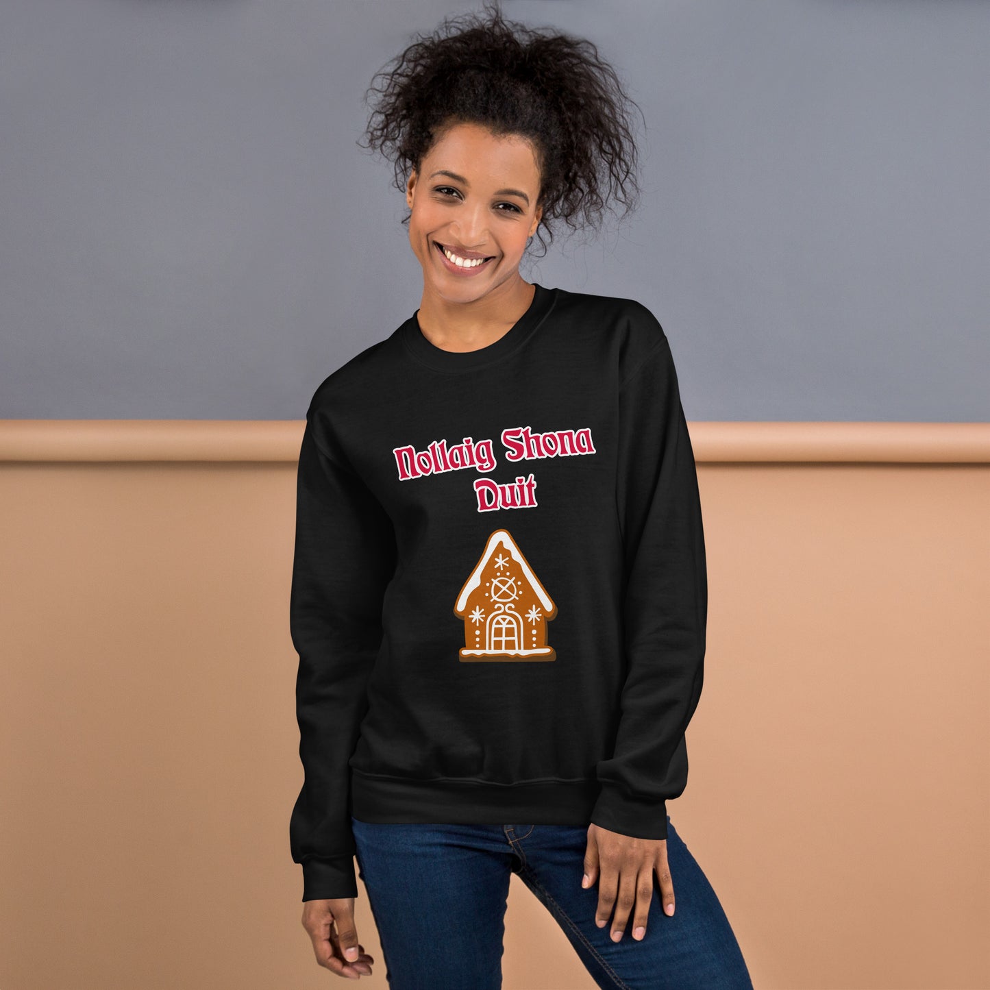 Nollaig Shona Duit (Happy Christmas) Irish Language Adult Unisex Sweatshirt (Gingerbread House Design)