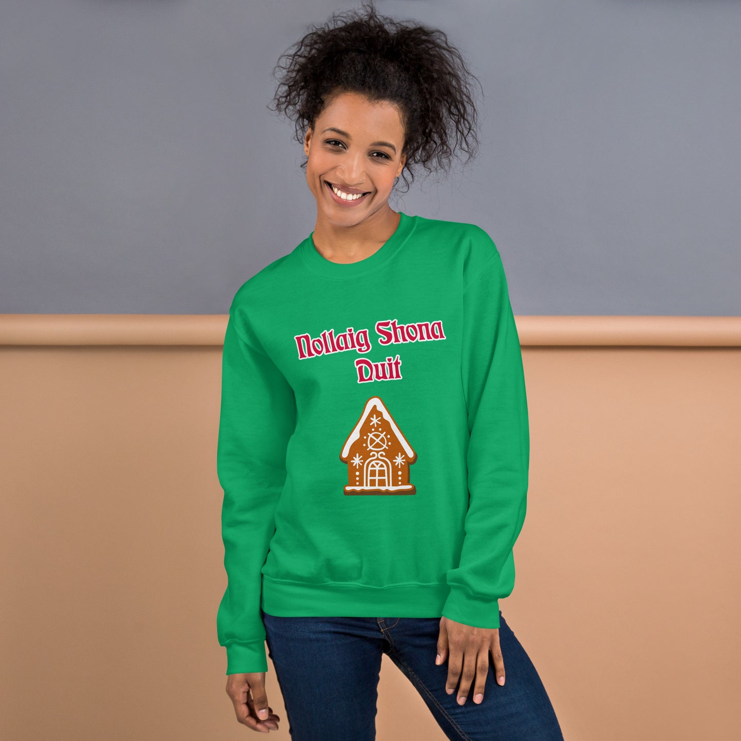 Nollaig Shona Duit (Happy Christmas) Irish Language Adult Unisex Sweatshirt (Gingerbread House Design)