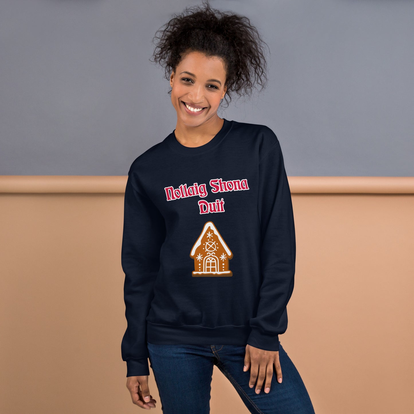 Nollaig Shona Duit (Happy Christmas) Irish Language Adult Unisex Sweatshirt (Gingerbread House Design)