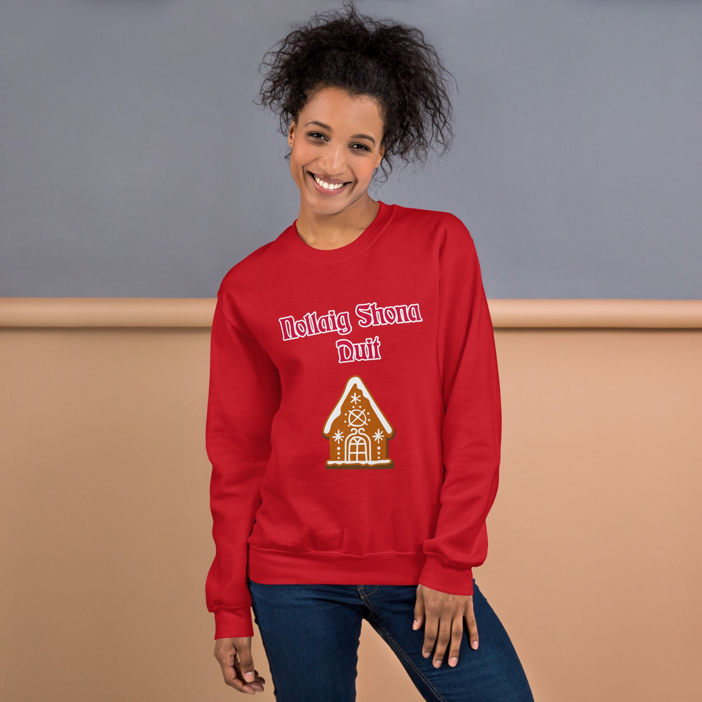 Nollaig Shona Duit (Happy Christmas) Irish Language Adult Unisex Sweatshirt (Gingerbread House Design)