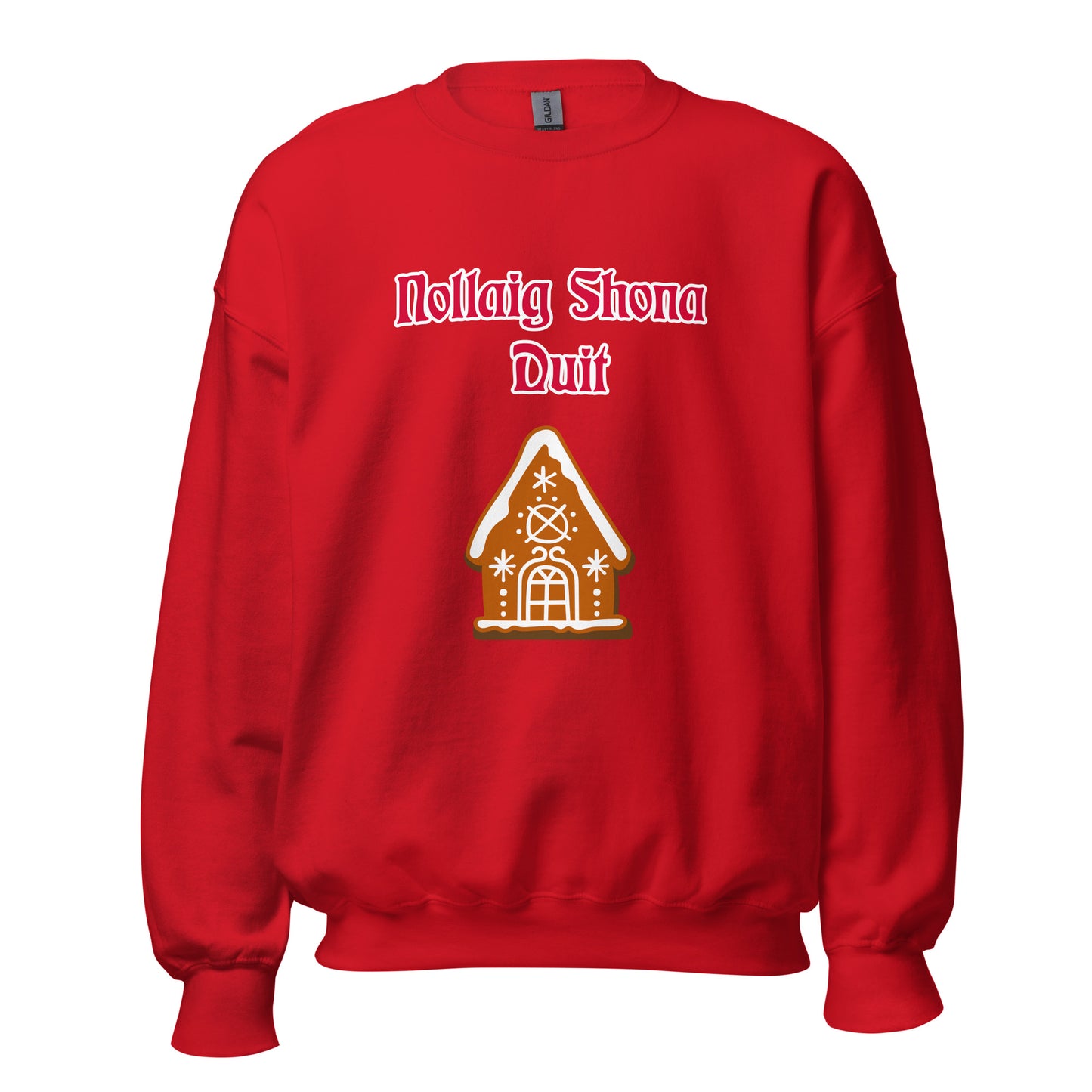 Nollaig Shona Duit (Happy Christmas) Irish Language Adult Unisex Sweatshirt (Gingerbread House Design)