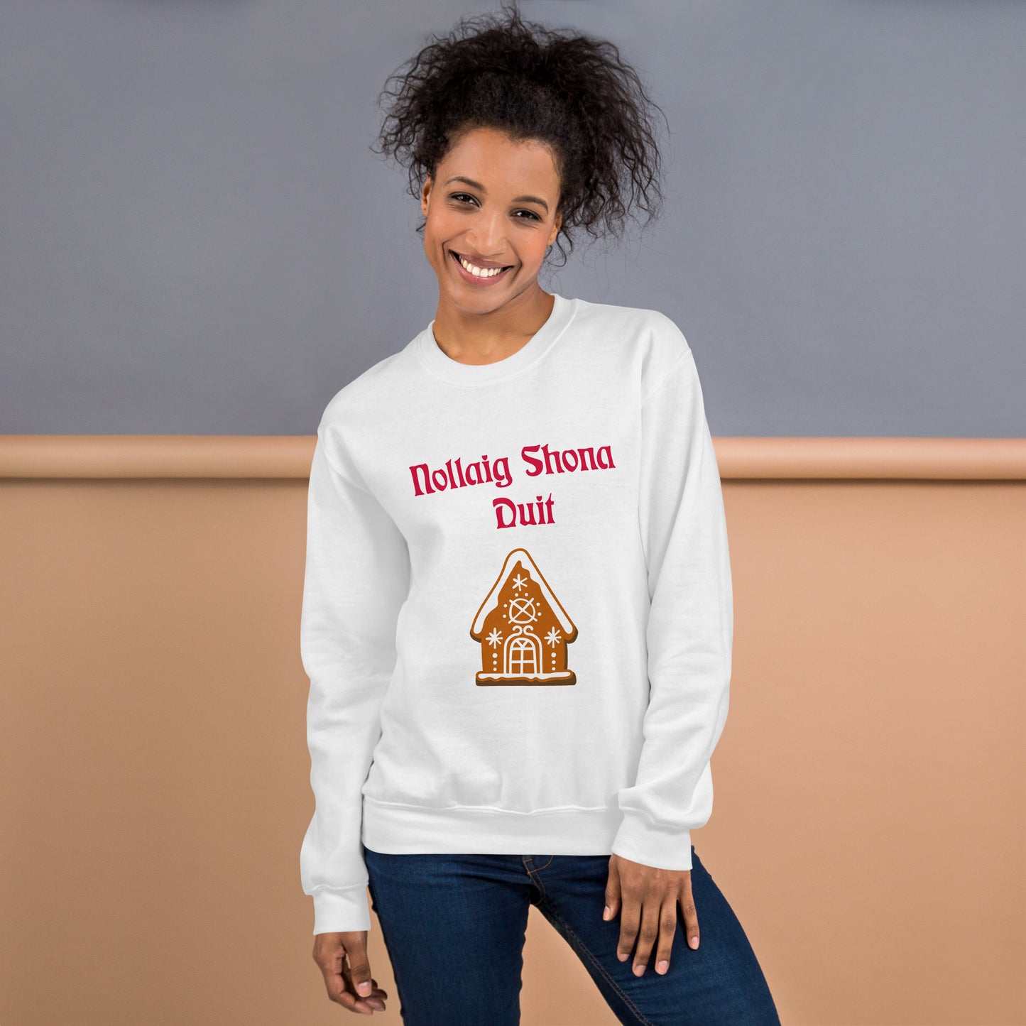 Nollaig Shona Duit (Happy Christmas) Irish Language Adult Unisex Sweatshirt (Gingerbread House Design)