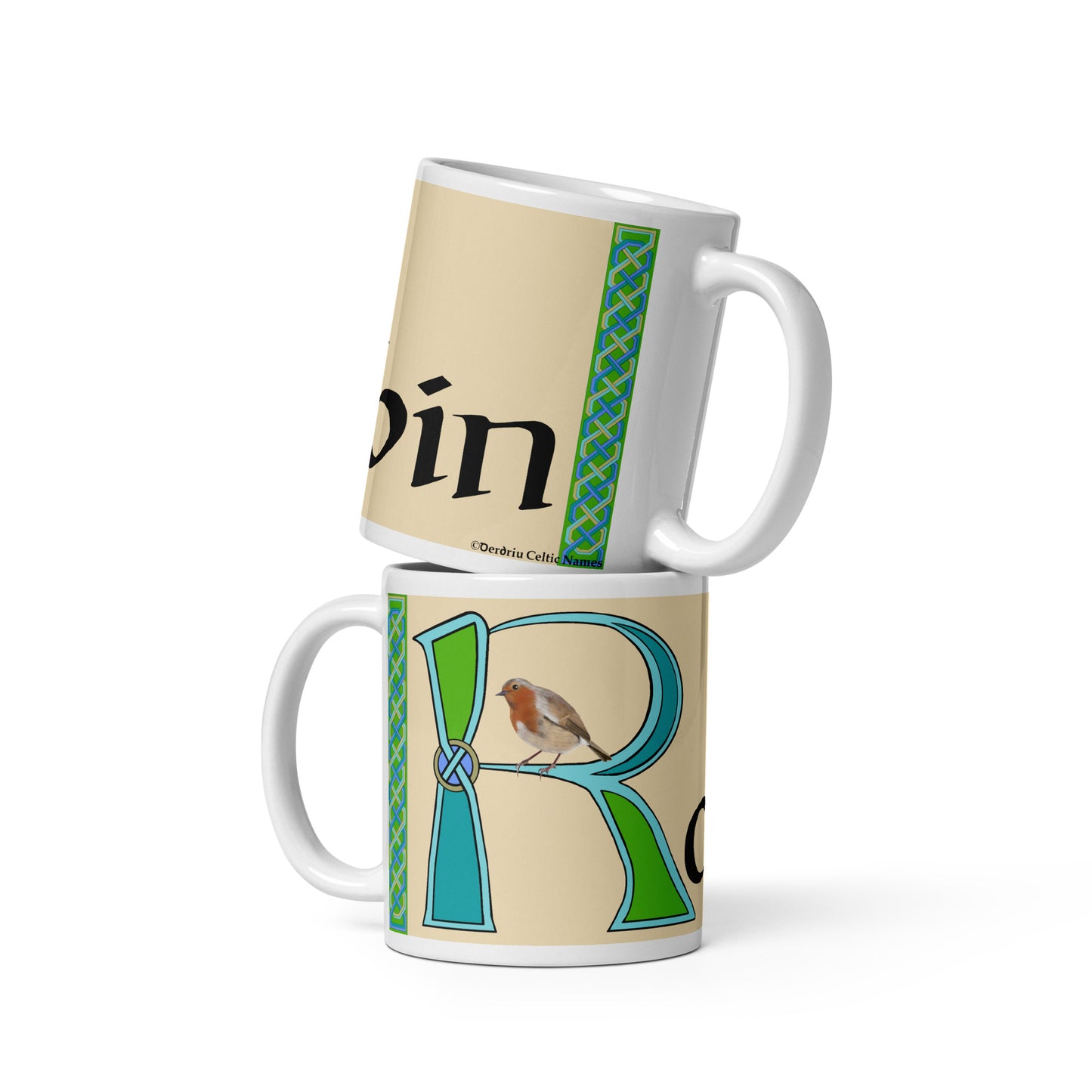 Roibín (Robin) - Personalized white glossy mug (blue design) with Irish name Roibín (Free Shipping)