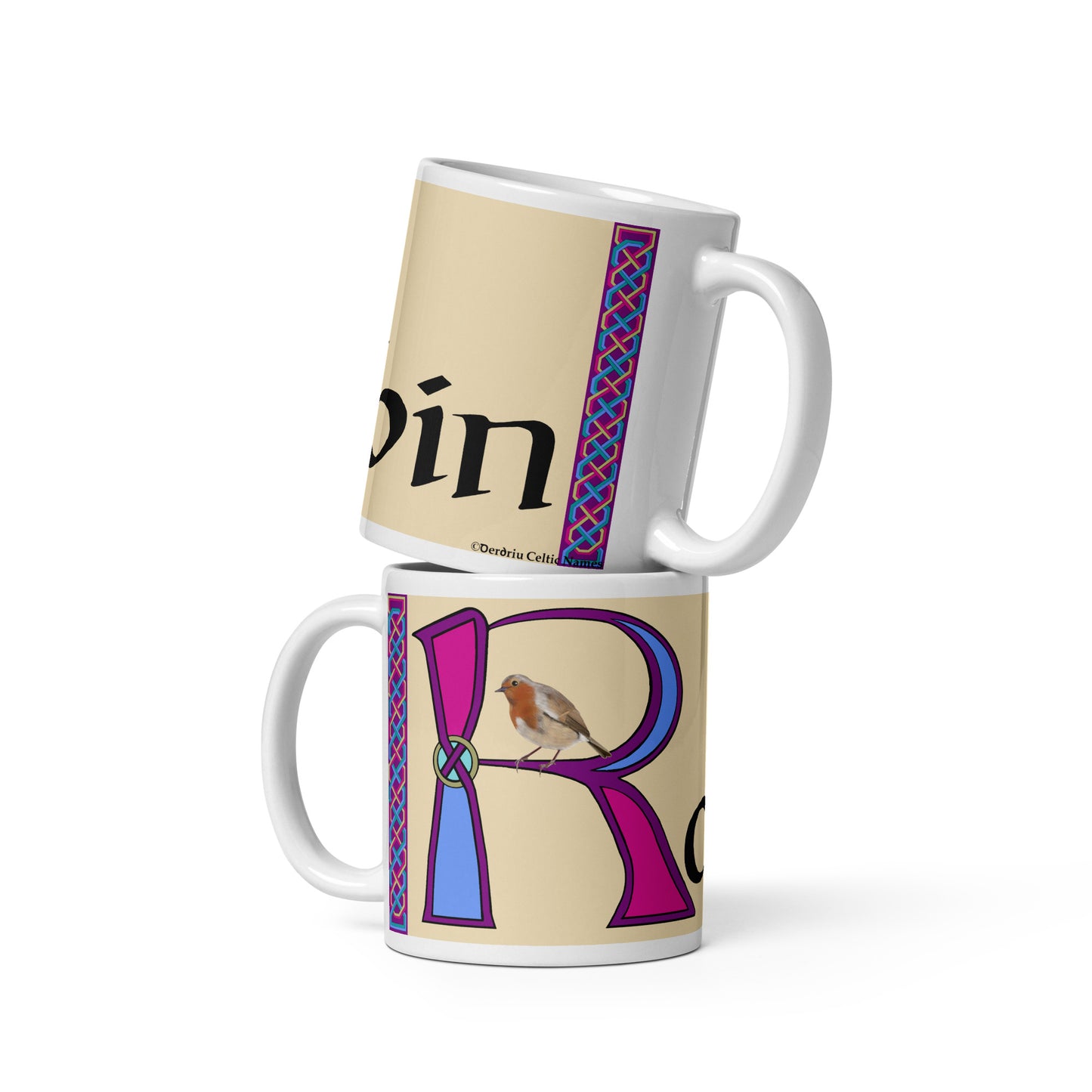 Roibín (Robin) - Personalized white glossy mug (pink design) with Irish name Roibín (Free Shipping)