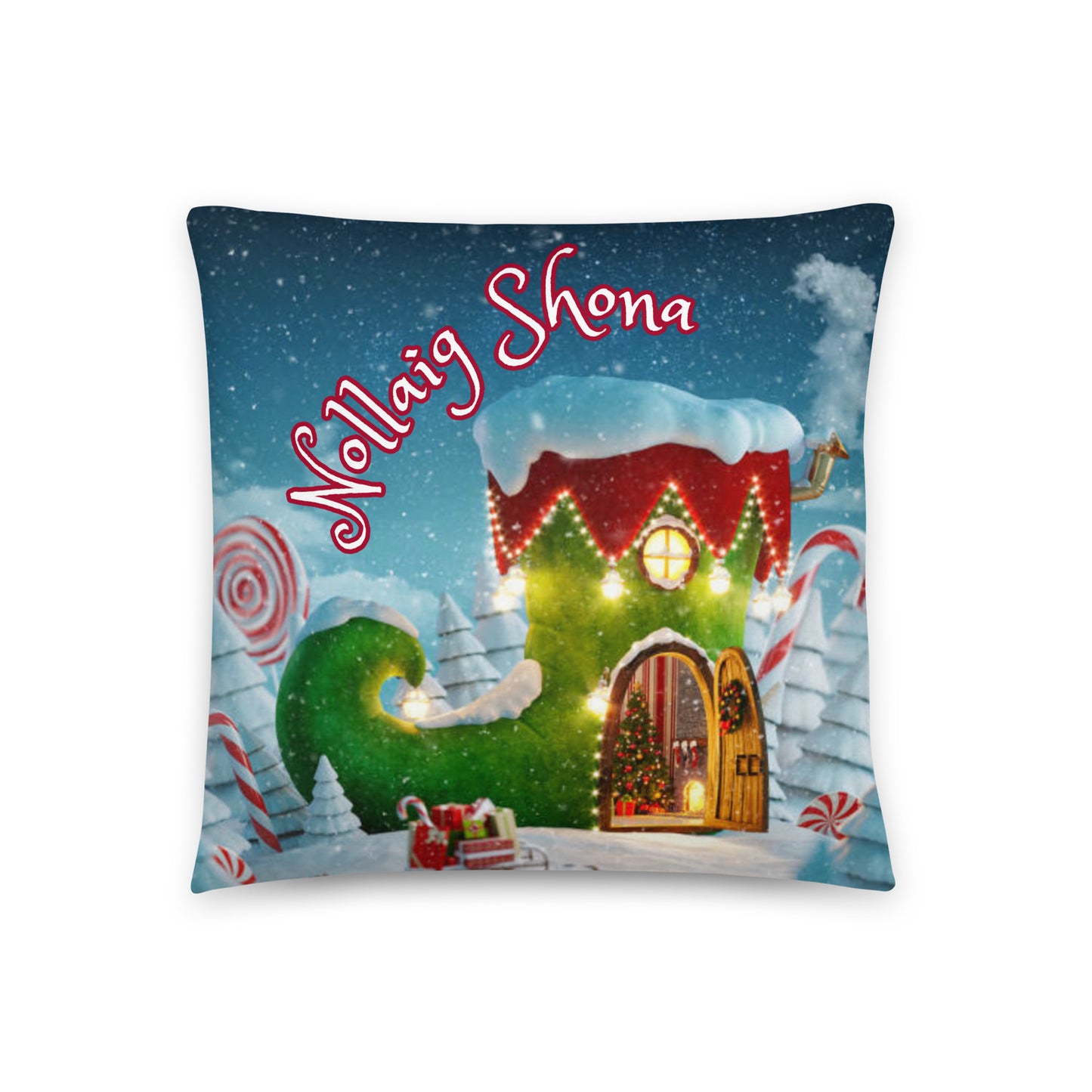 Nollaig Shona (Happy Christmas) Irish Language Pillow (Christmas Elf Boot House Design)