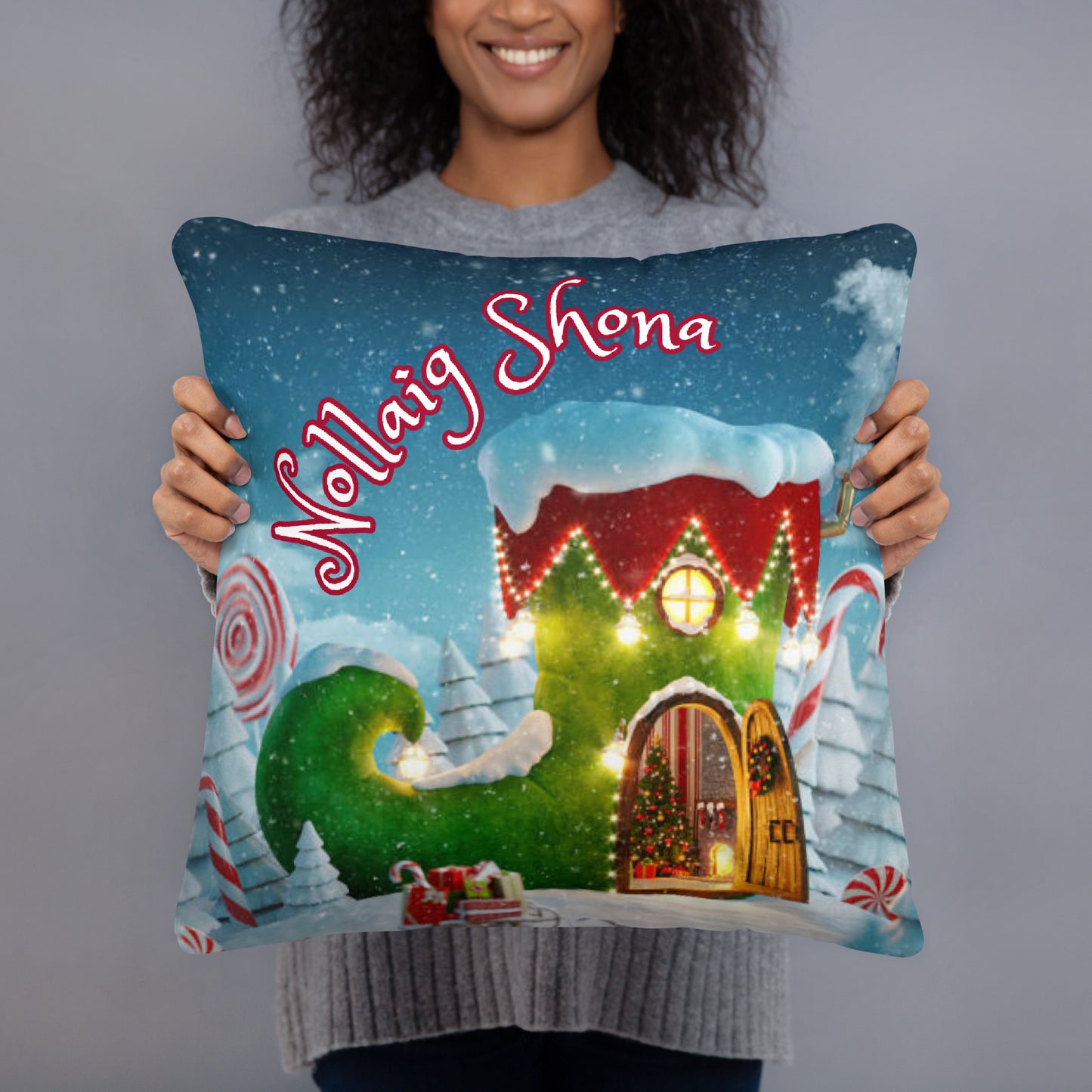 Nollaig Shona (Happy Christmas) Irish Language Pillow (Christmas Elf Boot House Design)