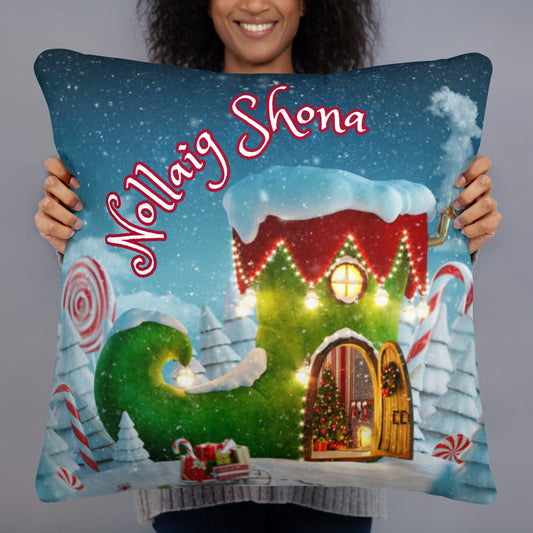 Nollaig Shona (Happy Christmas) Irish Language Pillow (Christmas Elf Boot House Design)