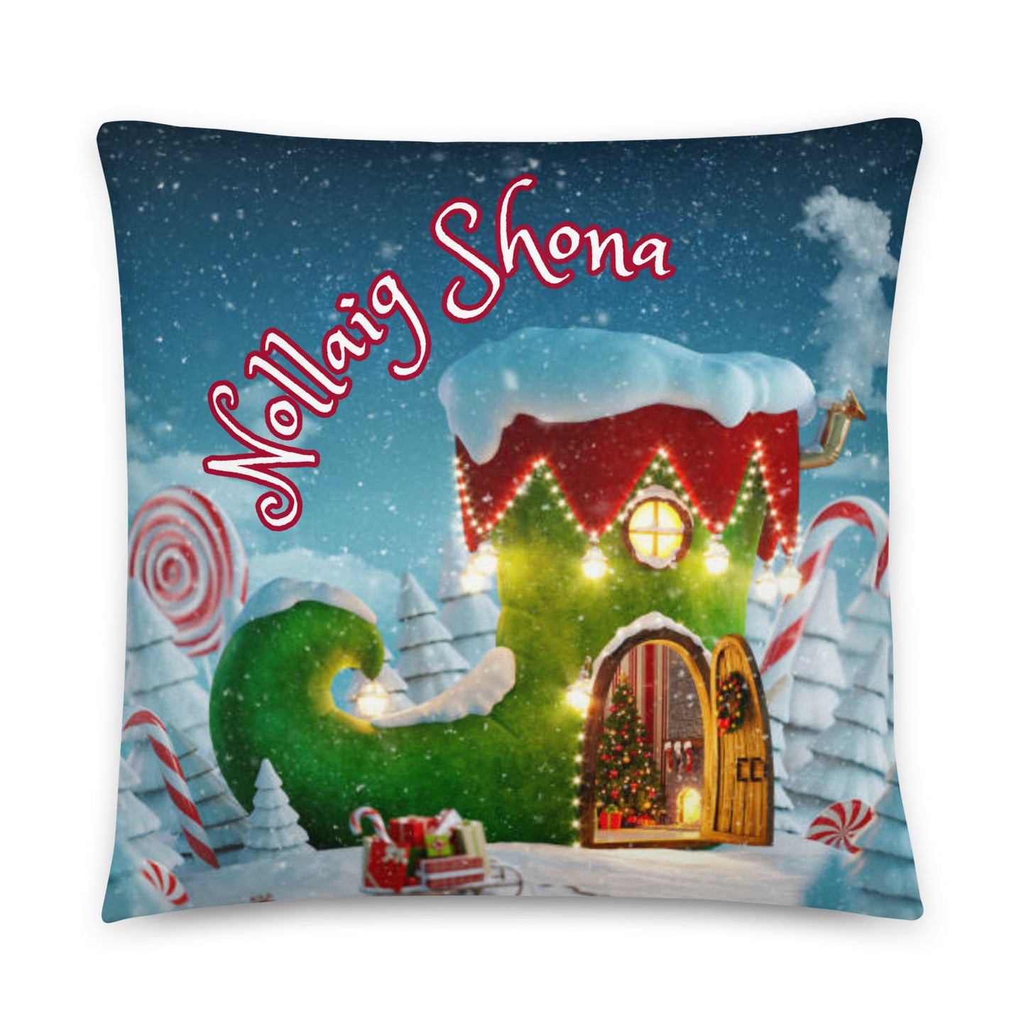 Nollaig Shona (Happy Christmas) Irish Language Pillow (Christmas Elf Boot House Design)