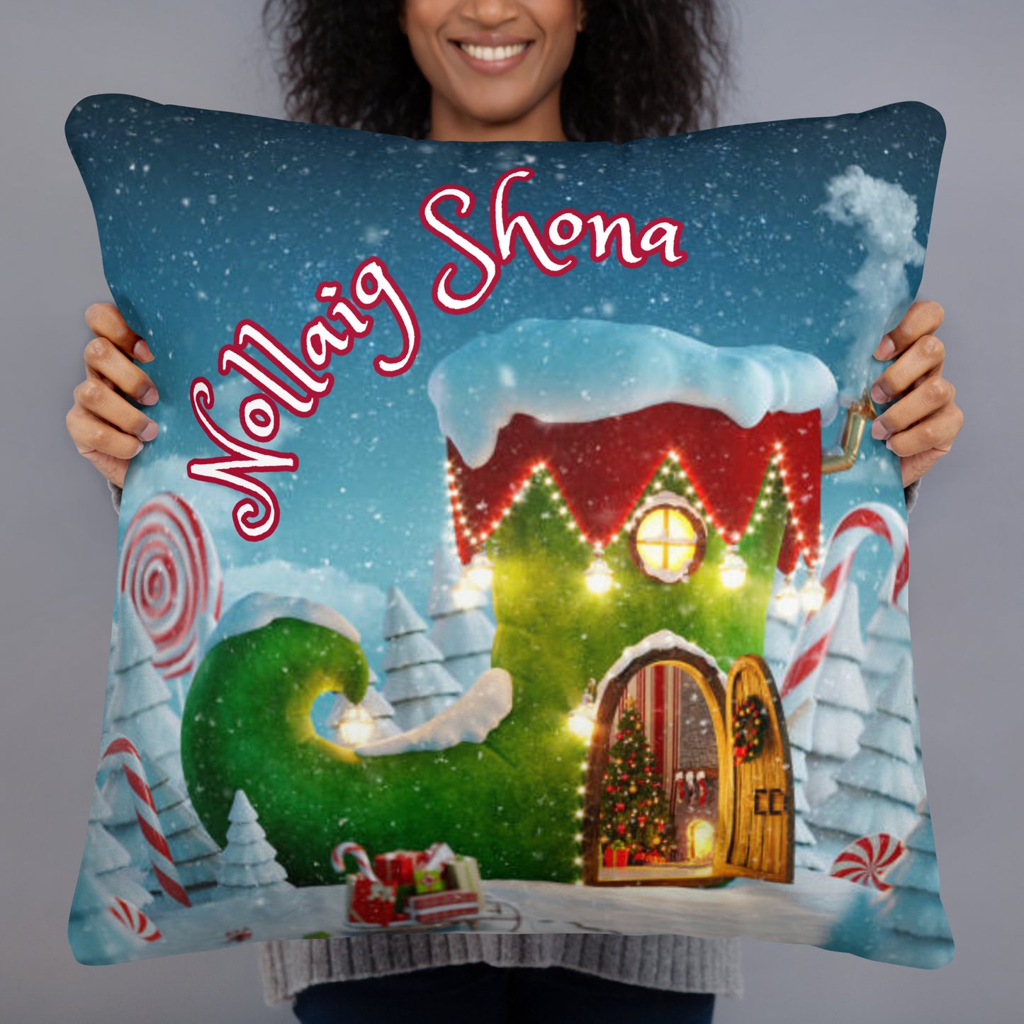Nollaig Shona (Happy Christmas) Irish Language Pillow (Christmas Elf Boot House Design)