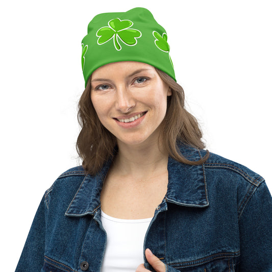 St Patrick's Day All-Over Print Shamrock Beanie Hat