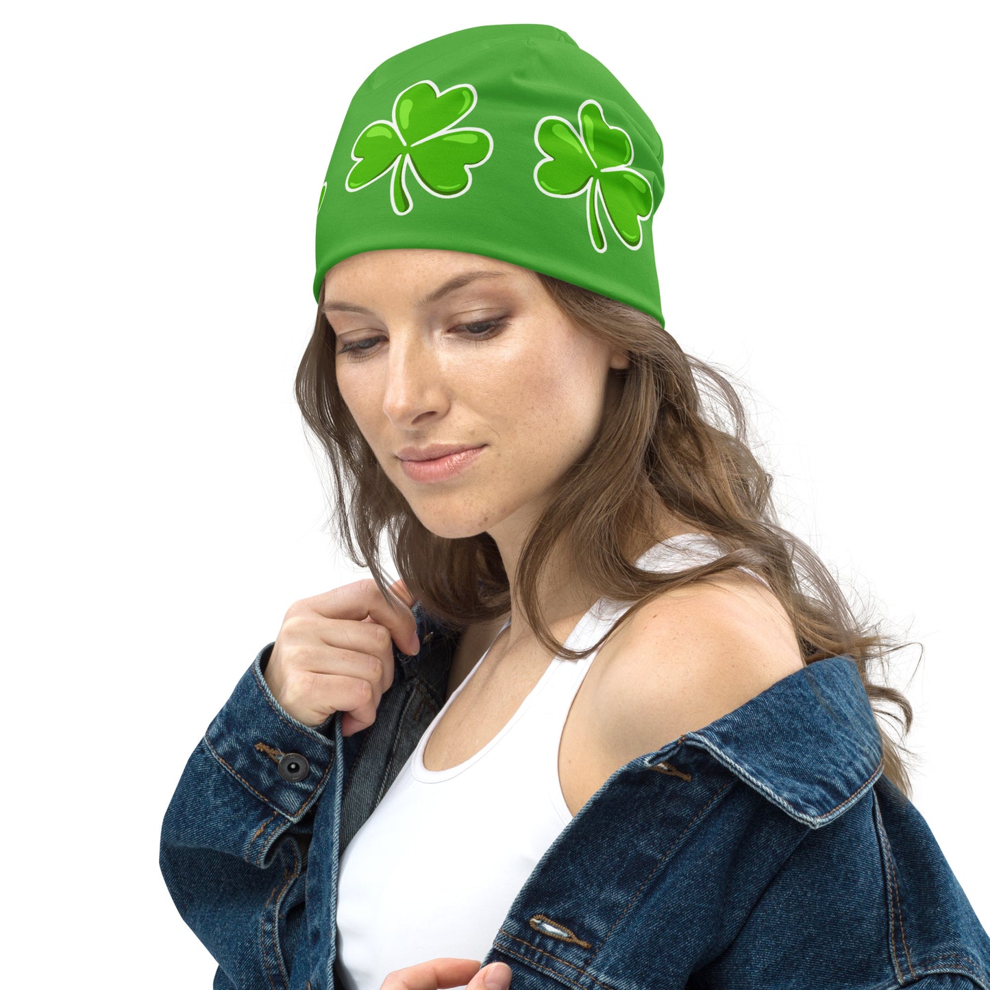 St Patrick's Day All-Over Print Shamrock Beanie Hat