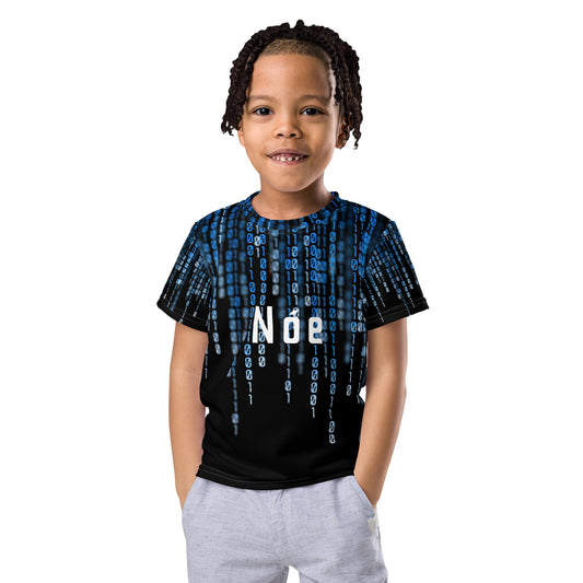 Nóe (Noah) Personalized Kids Crew Neck T-shirt Matrix Design with Irish Name Nóe