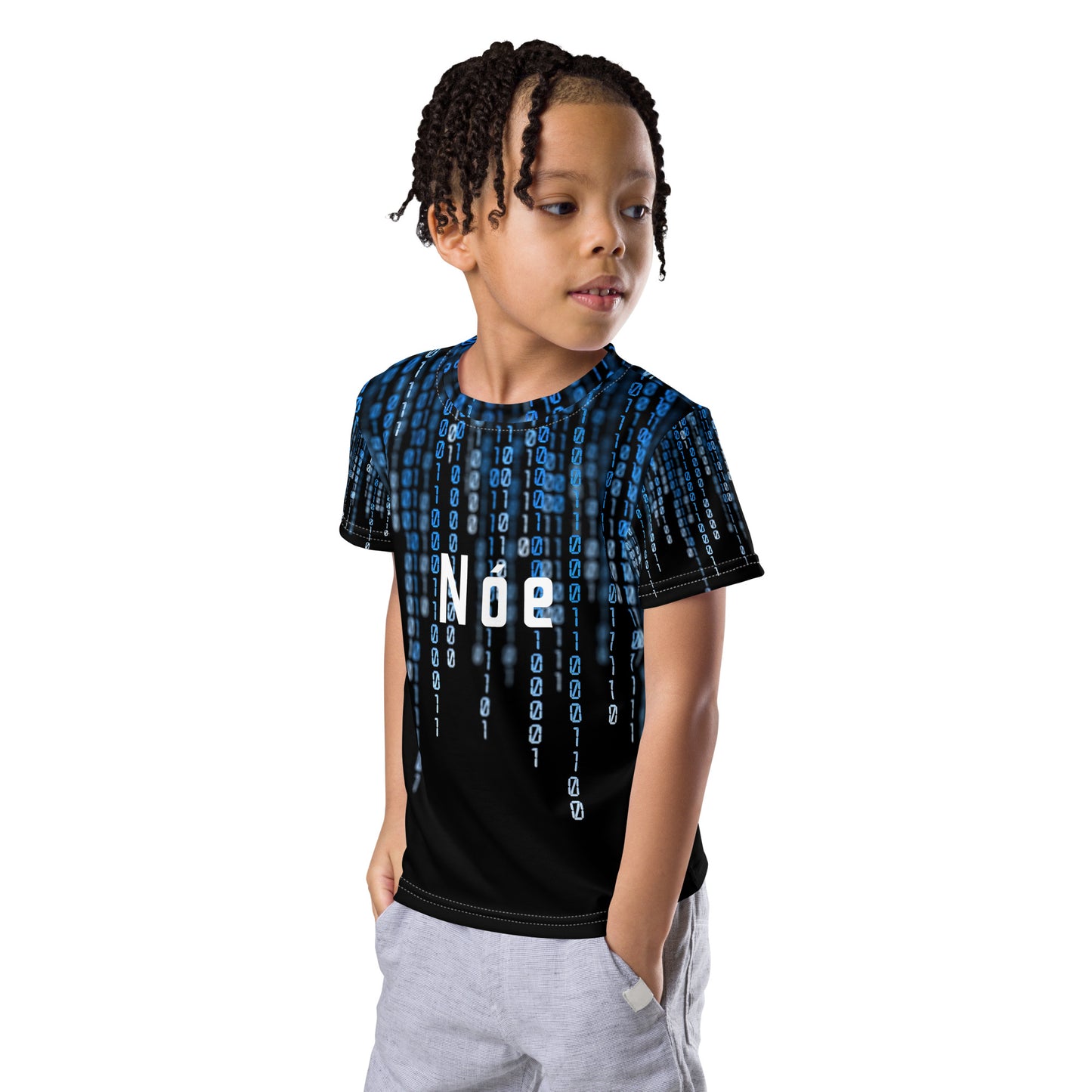 Nóe (Noah) Personalized Kids Crew Neck T-shirt Matrix Design with Irish Name Nóe