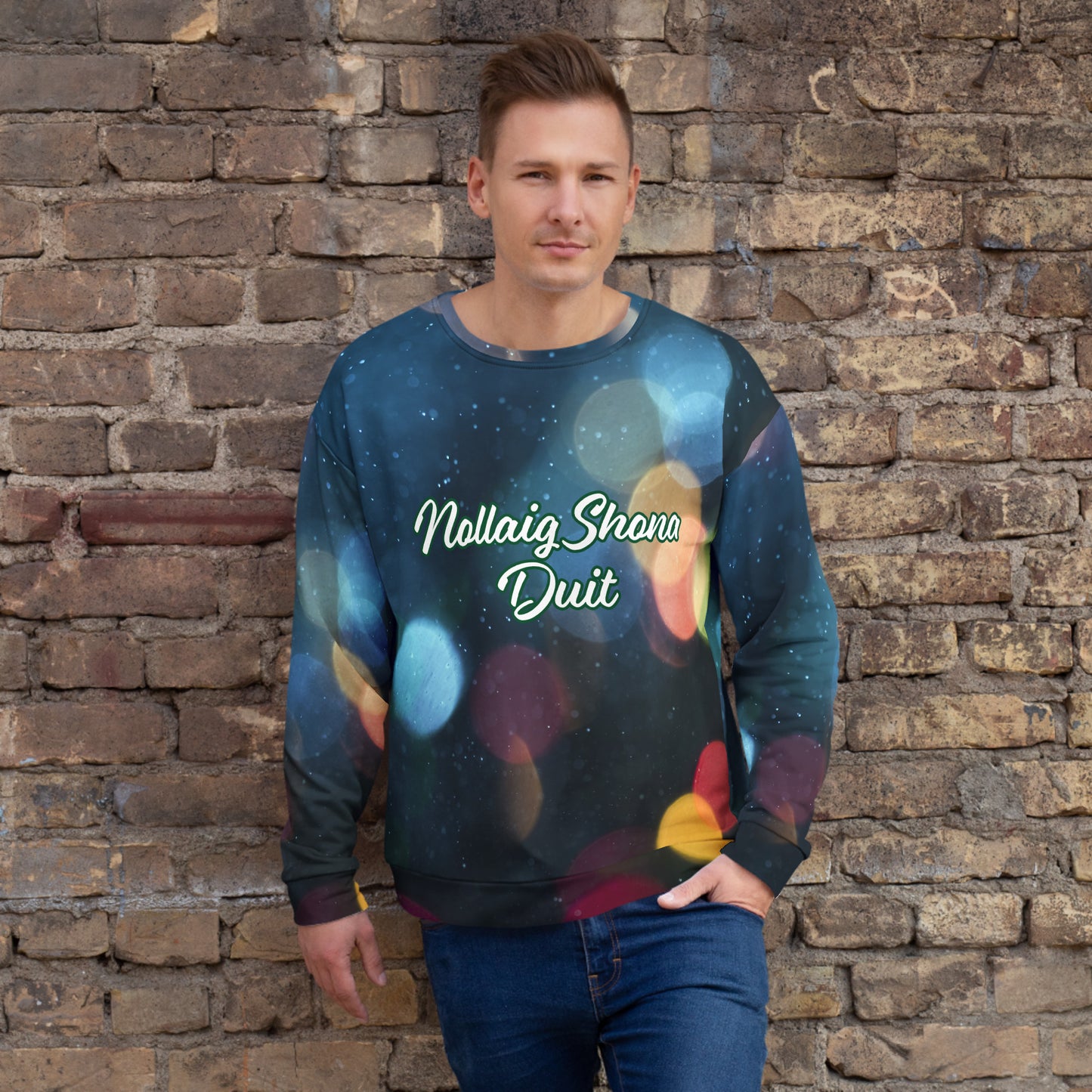 Nollaig Shona Duit (Happy Christmas) Irish Language Recycled Unisex Sweatshirt Coloured Lights Design