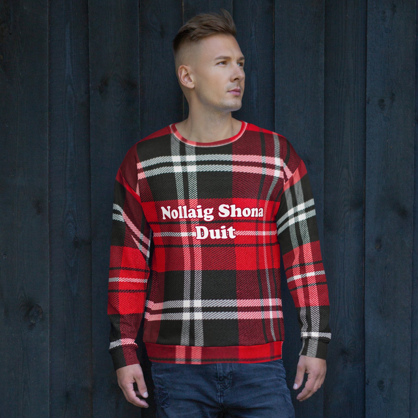 Nollaig Shona Duit (Happy Christmas) Irish Language Unisex Sweatshirt Red Tartan Design