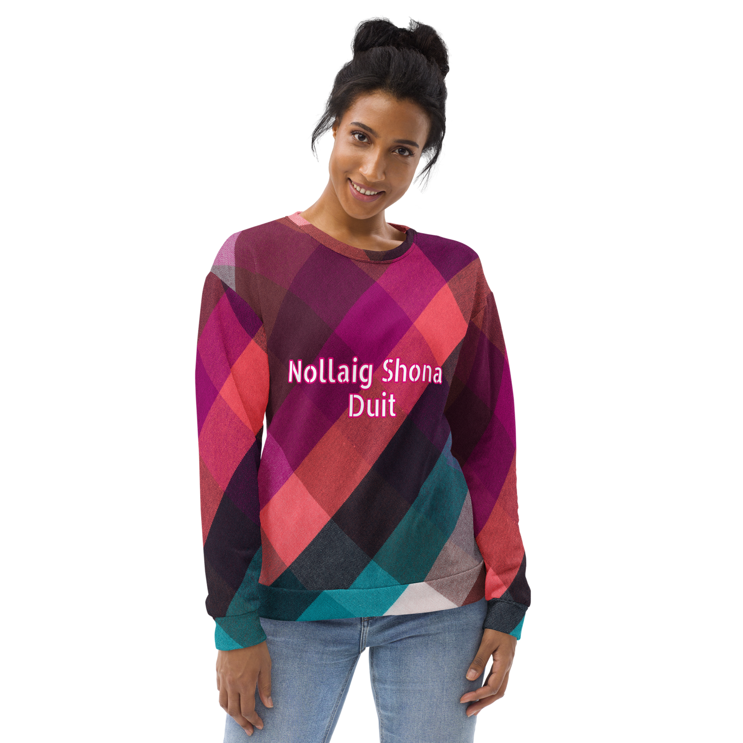 Nollaig Shona Duit (Happy Christmas) Irish Language Unisex Sweatshirt Pink Tartan Design