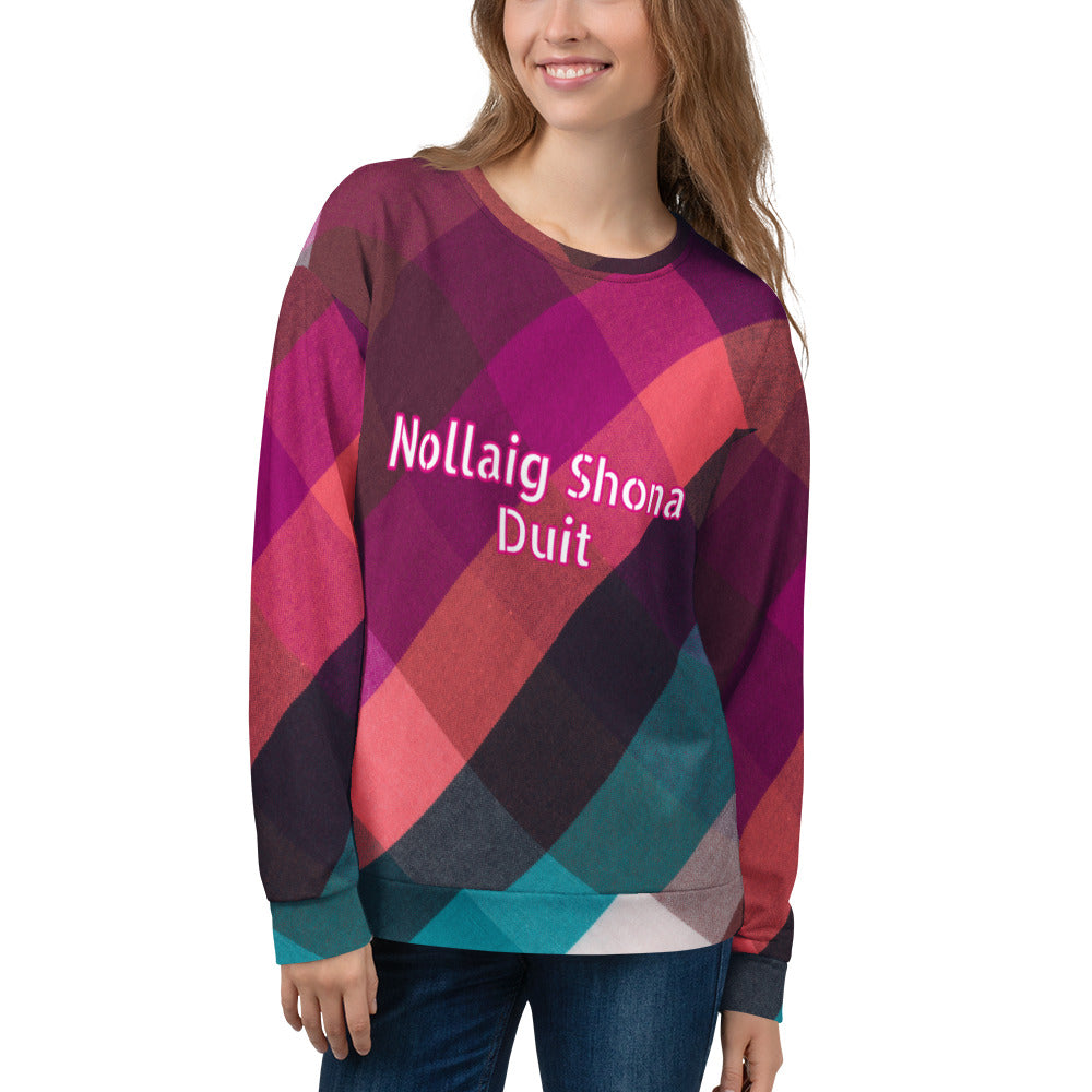 Nollaig Shona Duit (Happy Christmas) Irish Language Unisex Sweatshirt Pink Tartan Design
