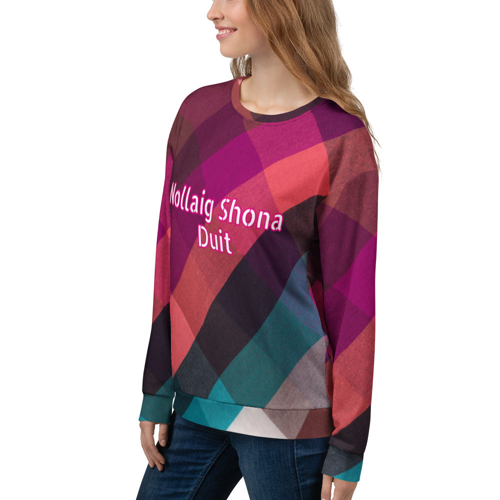 Nollaig Shona Duit (Happy Christmas) Irish Language Unisex Sweatshirt Pink Tartan Design
