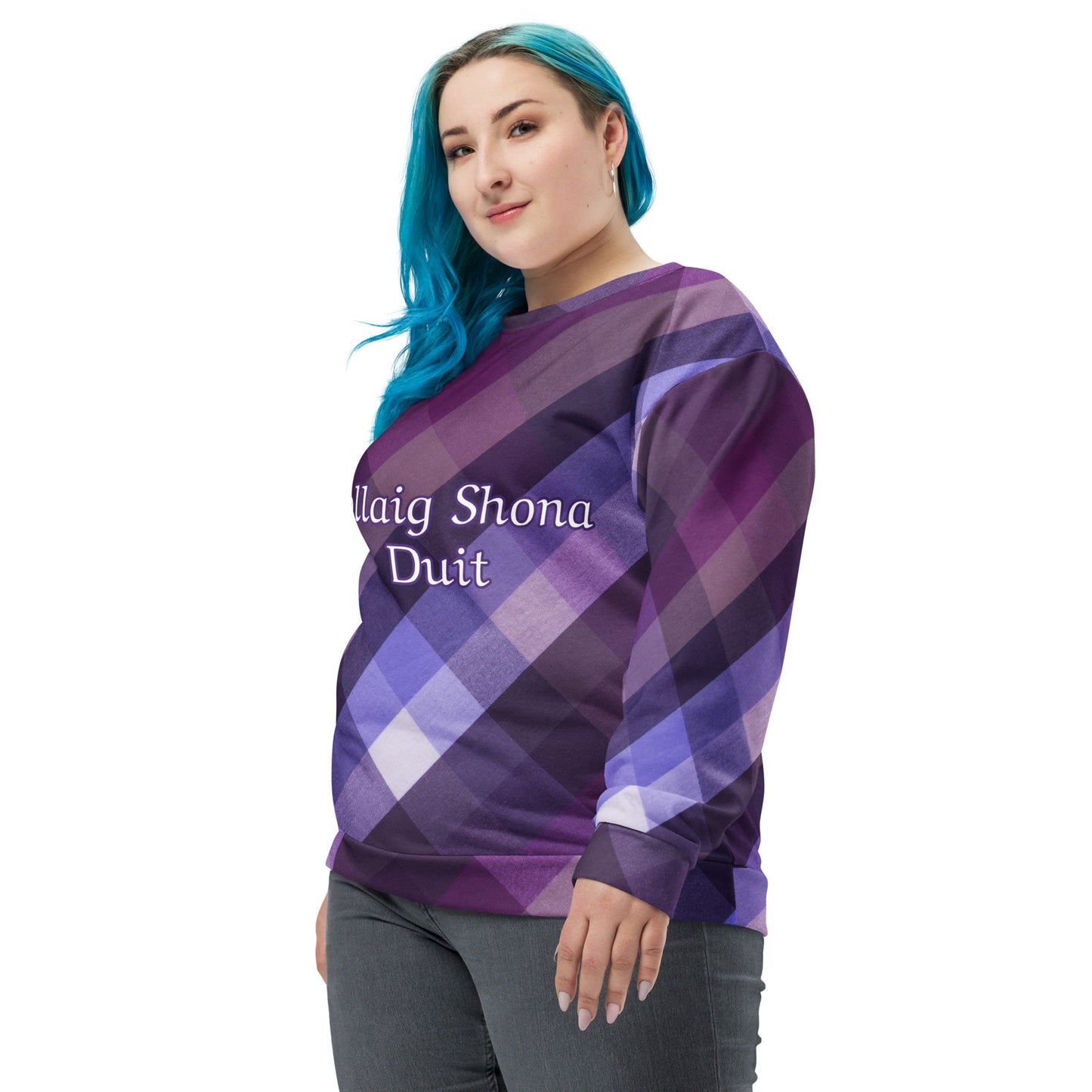 Nollaig Shona Duit (Happy Christmas) Irish Language Unisex Sweatshirt Purple Tartan Design
