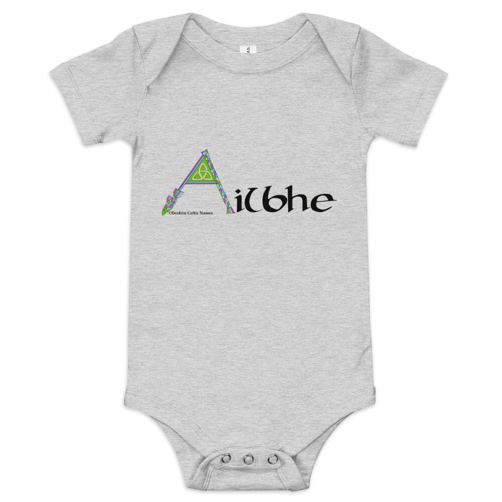 Ailbhe (Alva) - Personalized baby short sleeve one piece (purple color scheme) with Irish name Ailbhe