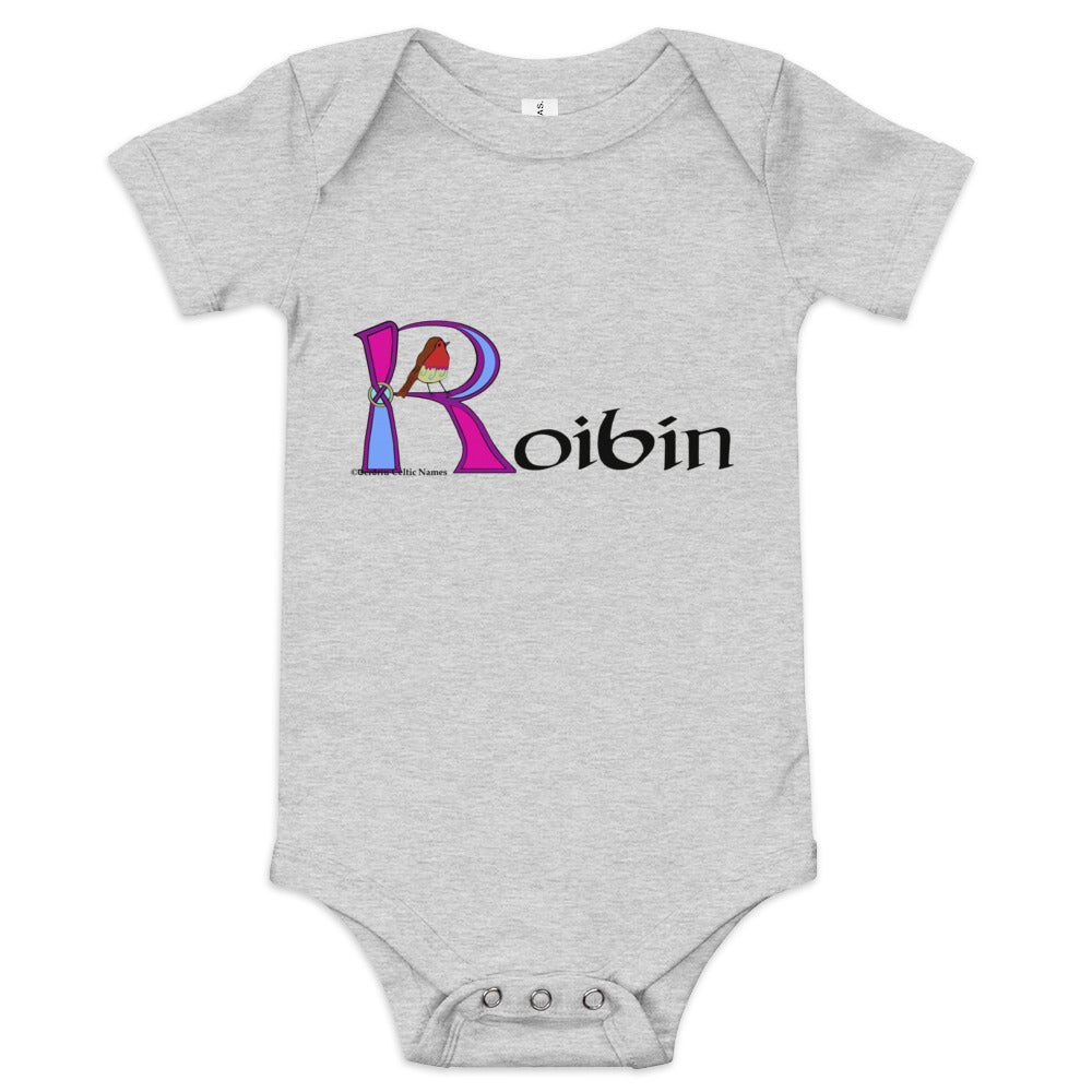 Roibín (Robin) - Personalized baby short sleeve one piece (pink color scheme) with Irish name Roibín