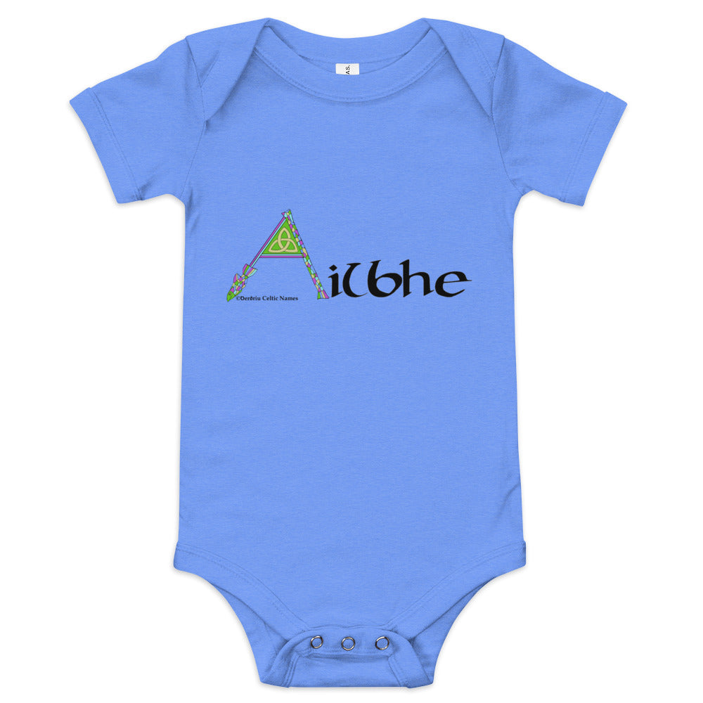 Ailbhe (Alva) - Personalized baby short sleeve one piece (purple color scheme) with Irish name Ailbhe