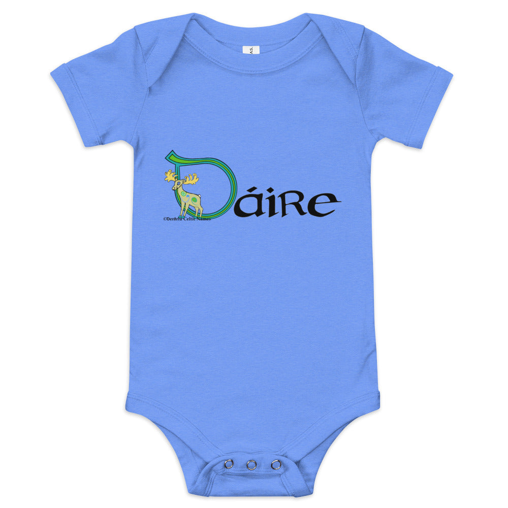 Dáire (Darragh) - Personalized baby short sleeve one piece (blue color scheme) with Irish name Dáire