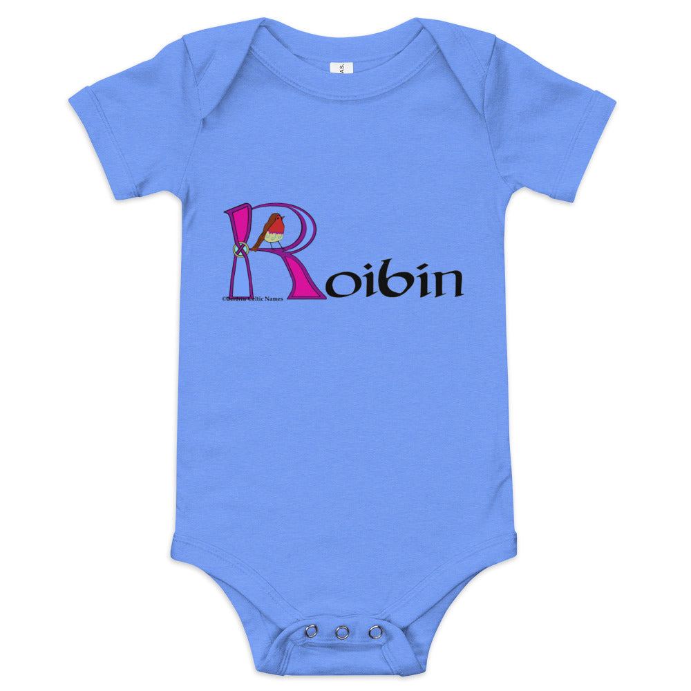 Roibín (Robin) - Personalized baby short sleeve one piece (pink color scheme) with Irish name Roibín