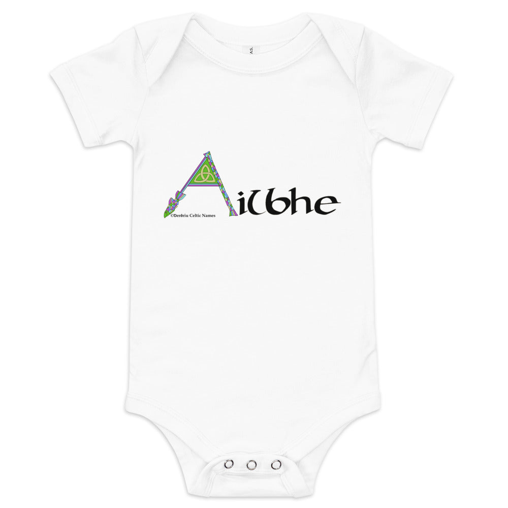 Ailbhe (Alva) - Personalized baby short sleeve one piece (purple color scheme) with Irish name Ailbhe