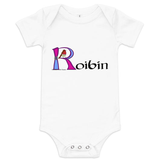 Roibín (Robin) - Personalized baby short sleeve one piece (pink color scheme) with Irish name Roibín