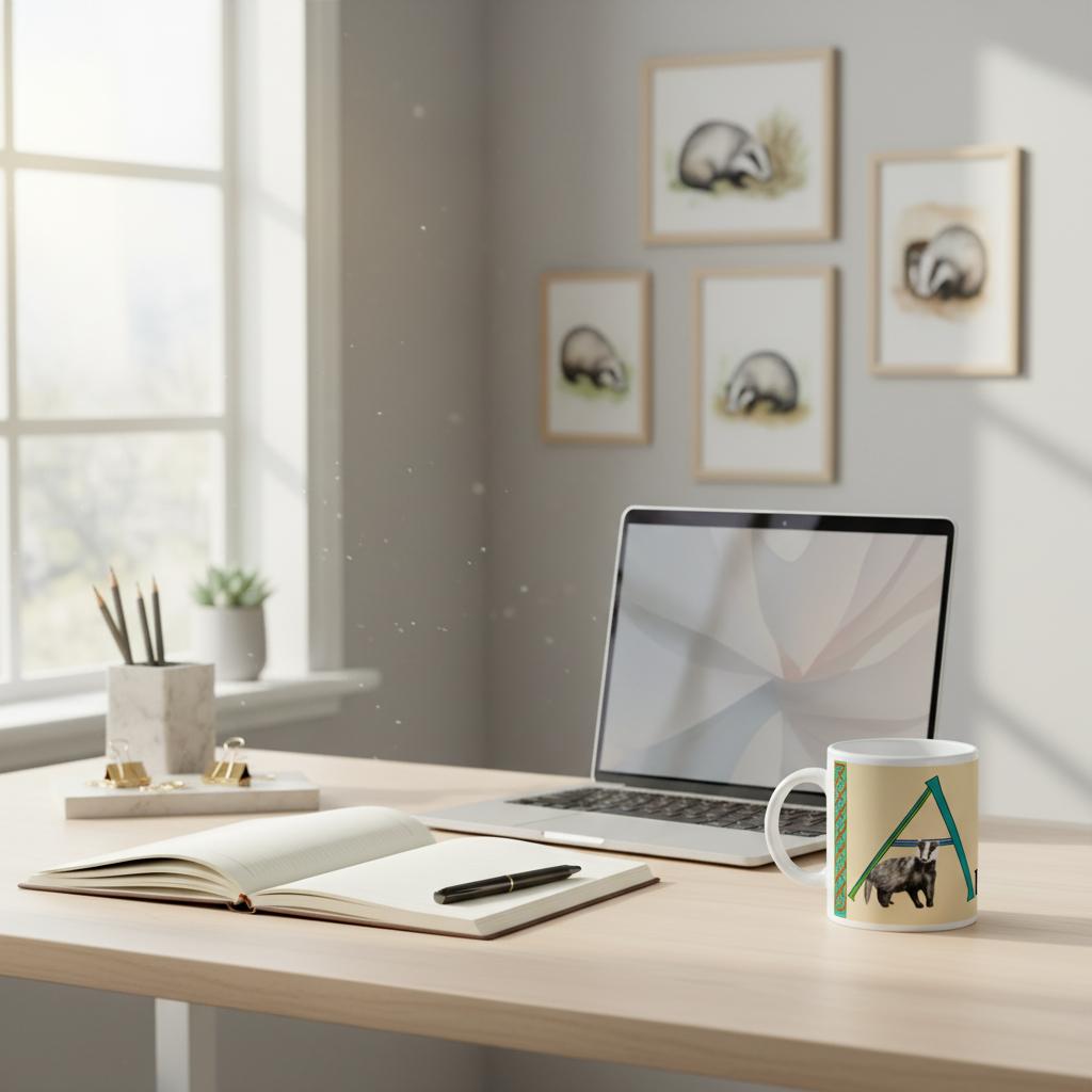 Antóin (Anthony) - Personalized white ceramic mug with Irish name Antóin (Badger Design) (Free Shipping)