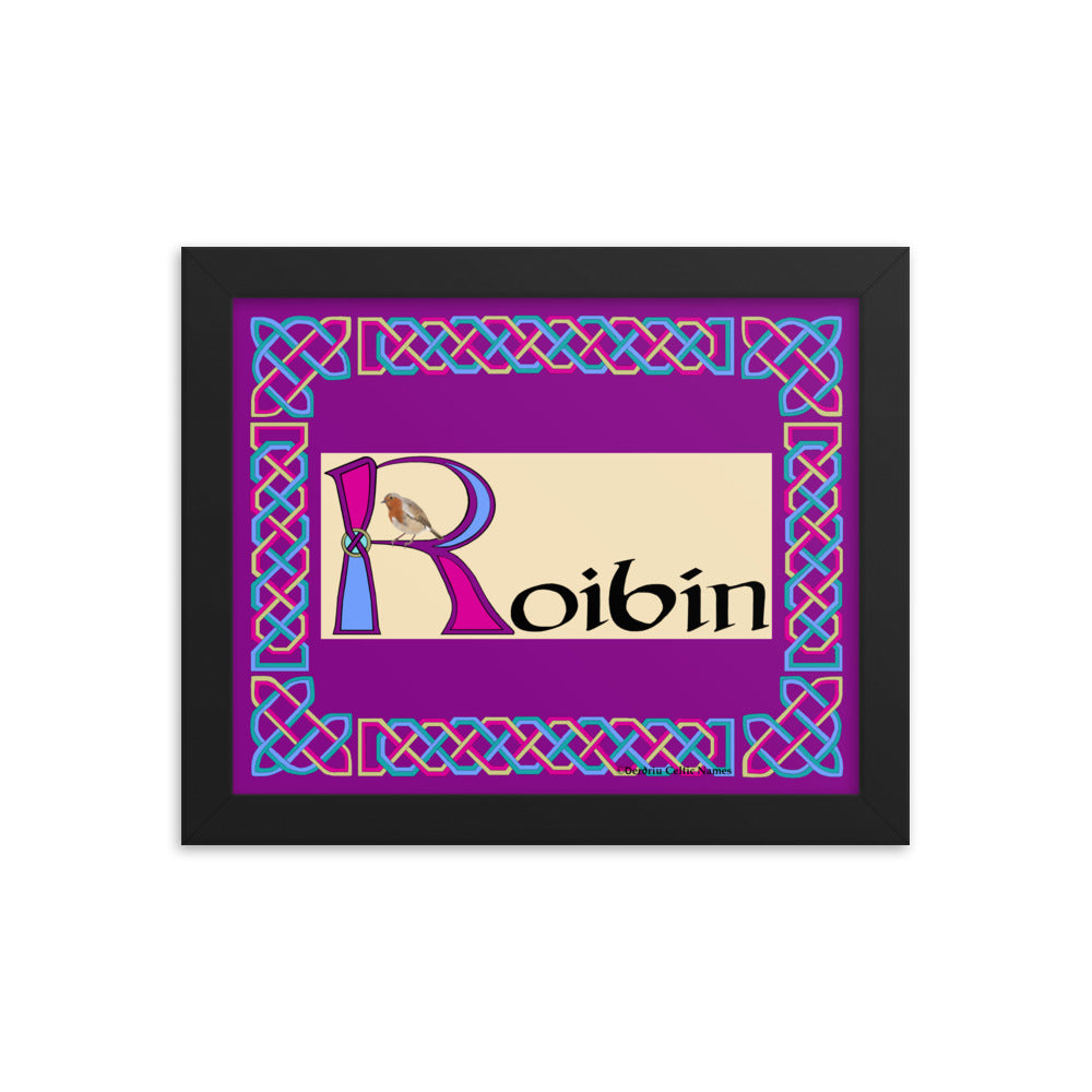 Roibín (Robin) - Personalized framed poster with Irish name Roibín  (pink color scheme)