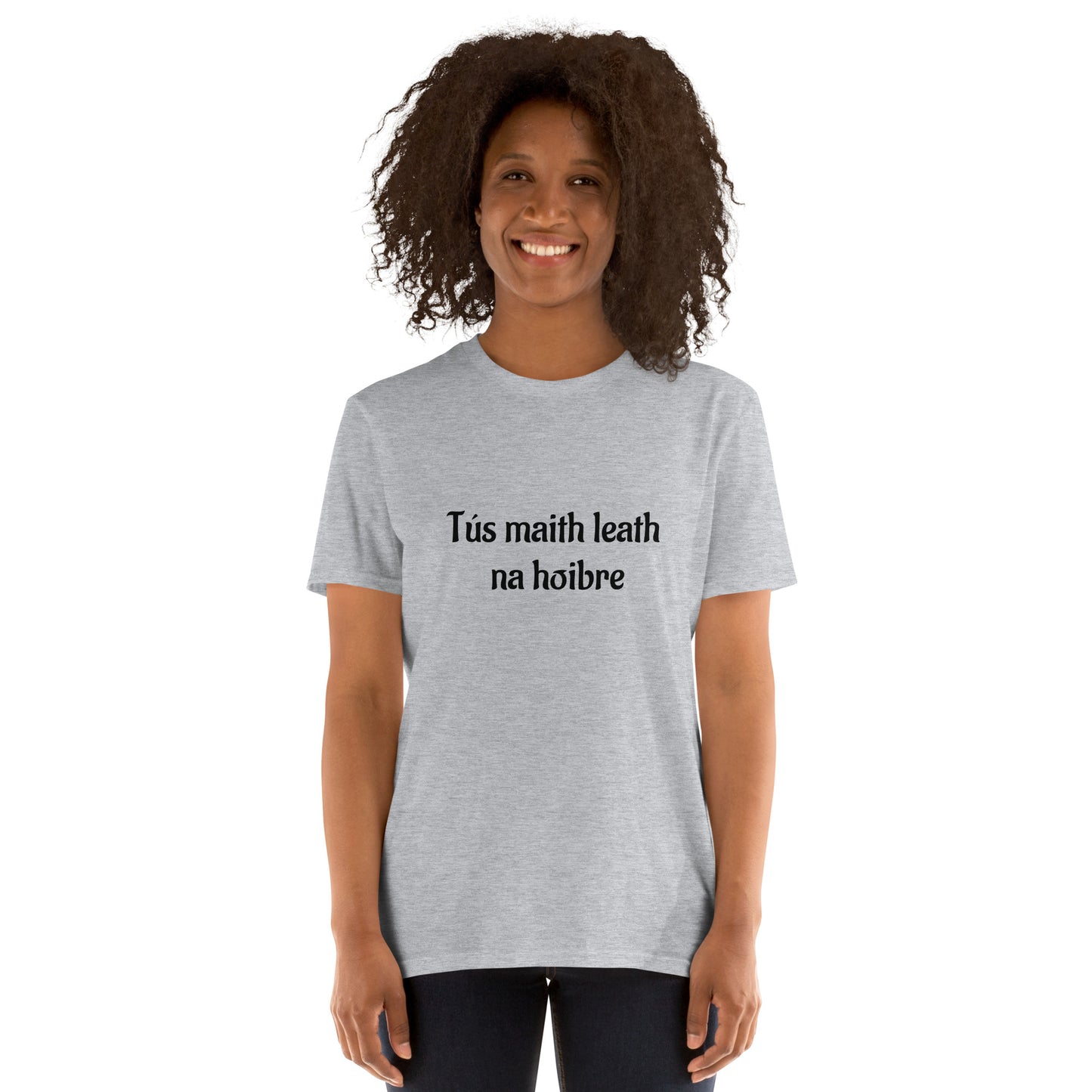 Tús maith leath na hoibre (A good start is half the work) Irish Language Proverb Short-Sleeve Unisex T-Shirt (White/Sport Grey) (Free Shipping)