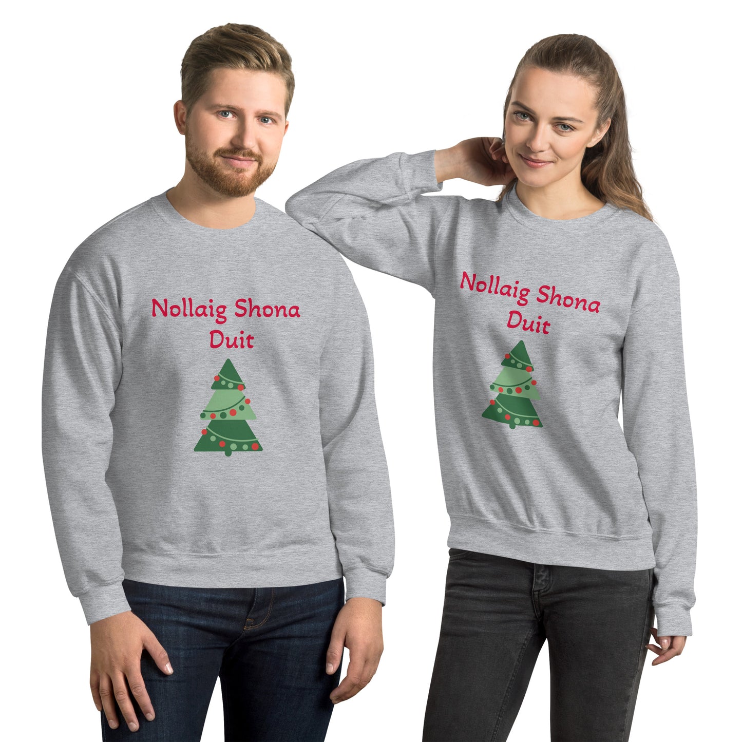 Nollaig Shona Duit (Happy Christmas) Irish Language Adult Unisex Sweatshirt (White/Grey) (Free Shipping)