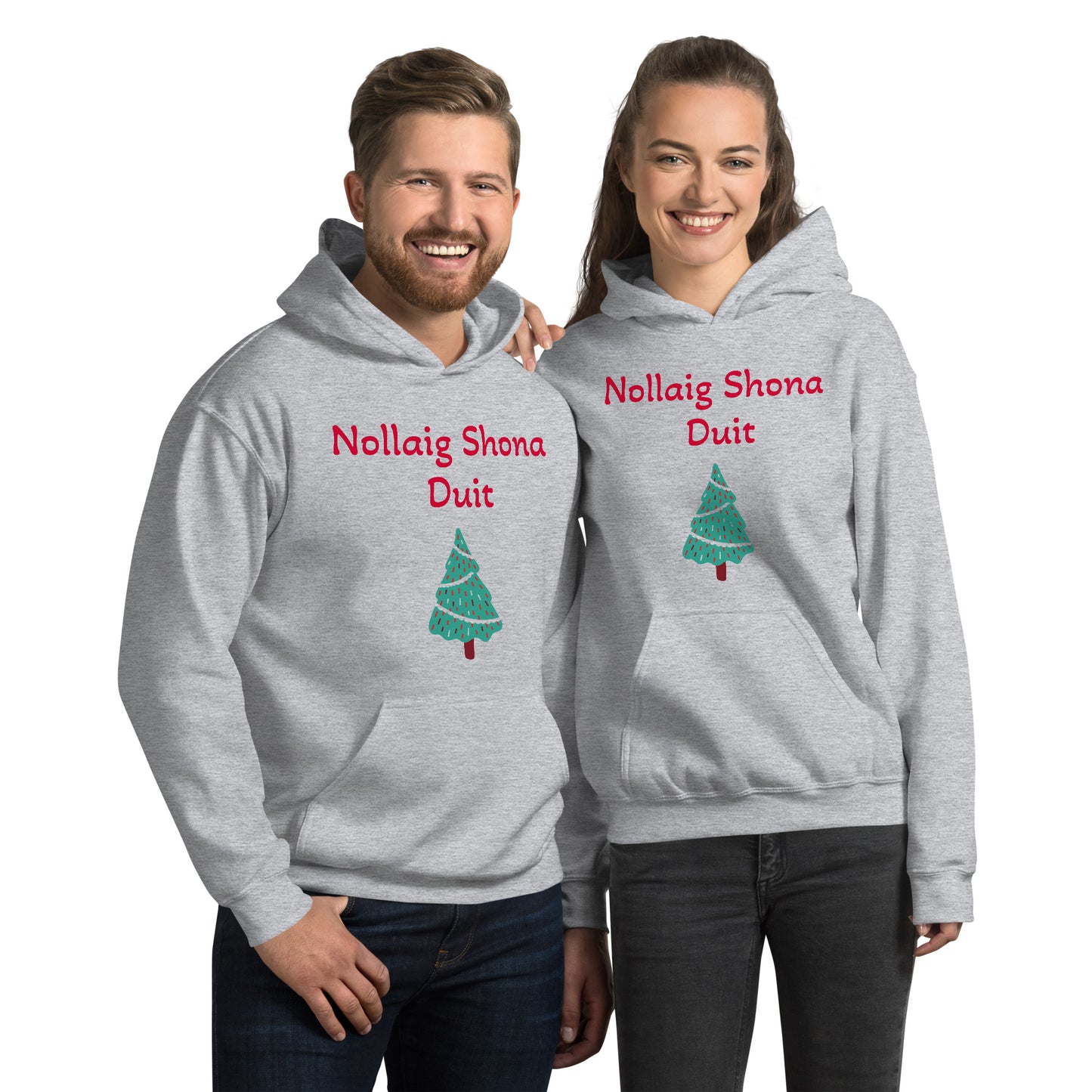 Nollaig Shona Duit (Happy Christmas) Irish Language Adult Unisex Hoodie (White/Grey) (Free Shipping)